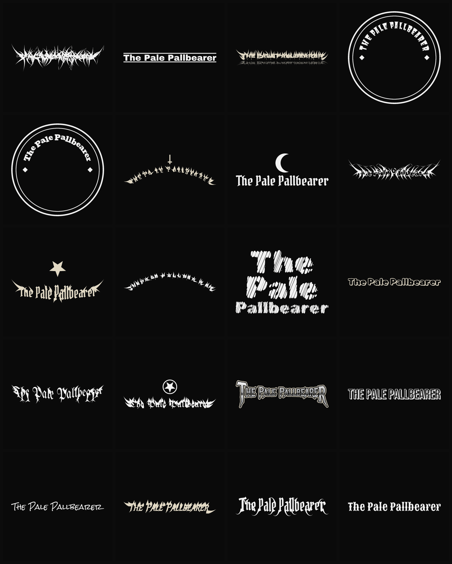Twenty The Pale Pallbearer band logo ideas — different faces, treatments and spike settings