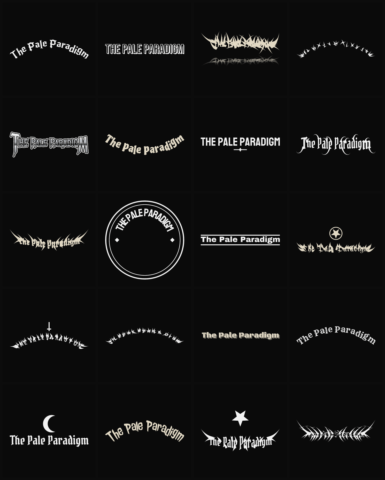 Twenty The Pale Paradigm band logo ideas — different faces, treatments and spike settings