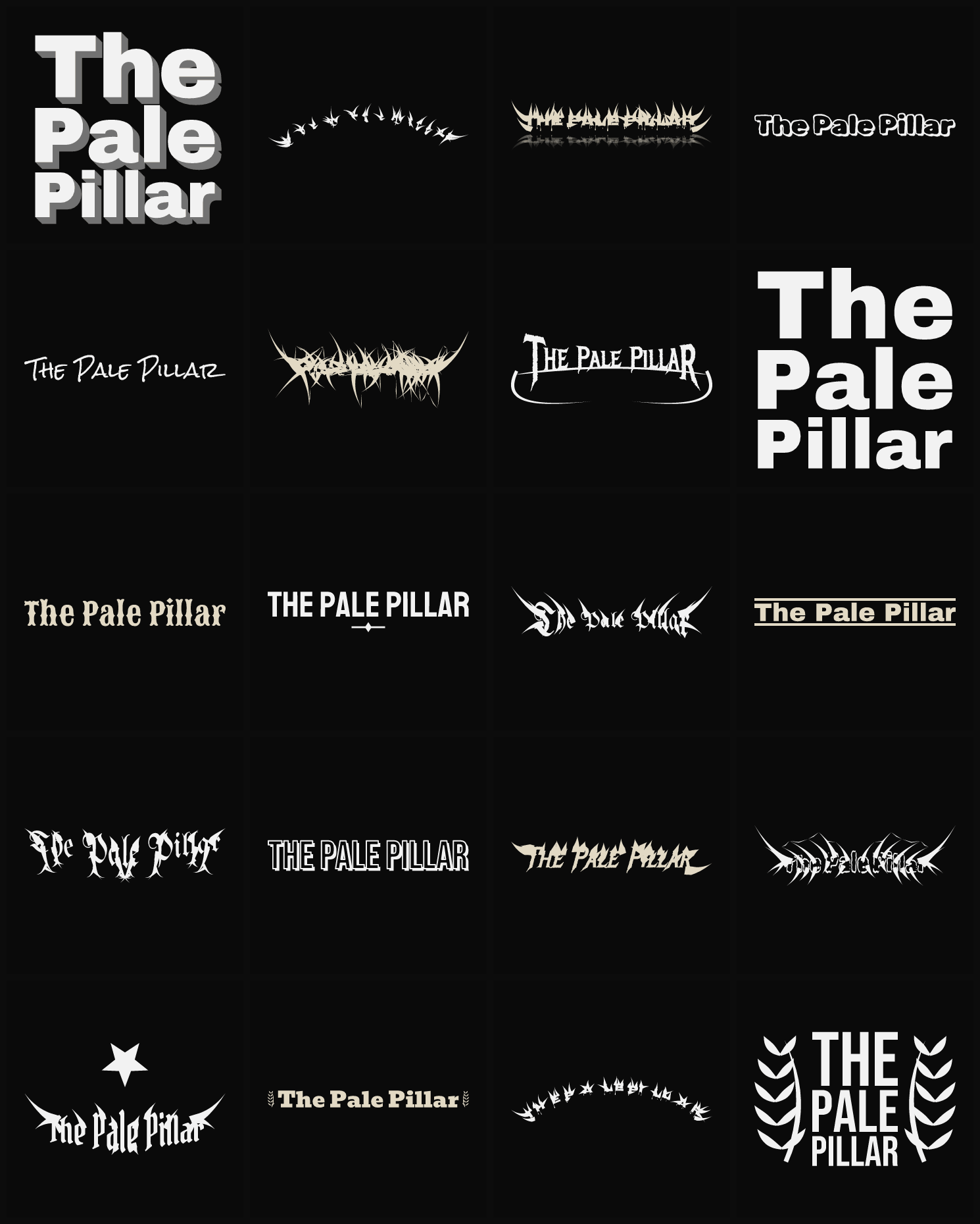 Twenty The Pale Pillar band logo ideas — different faces, treatments and spike settings