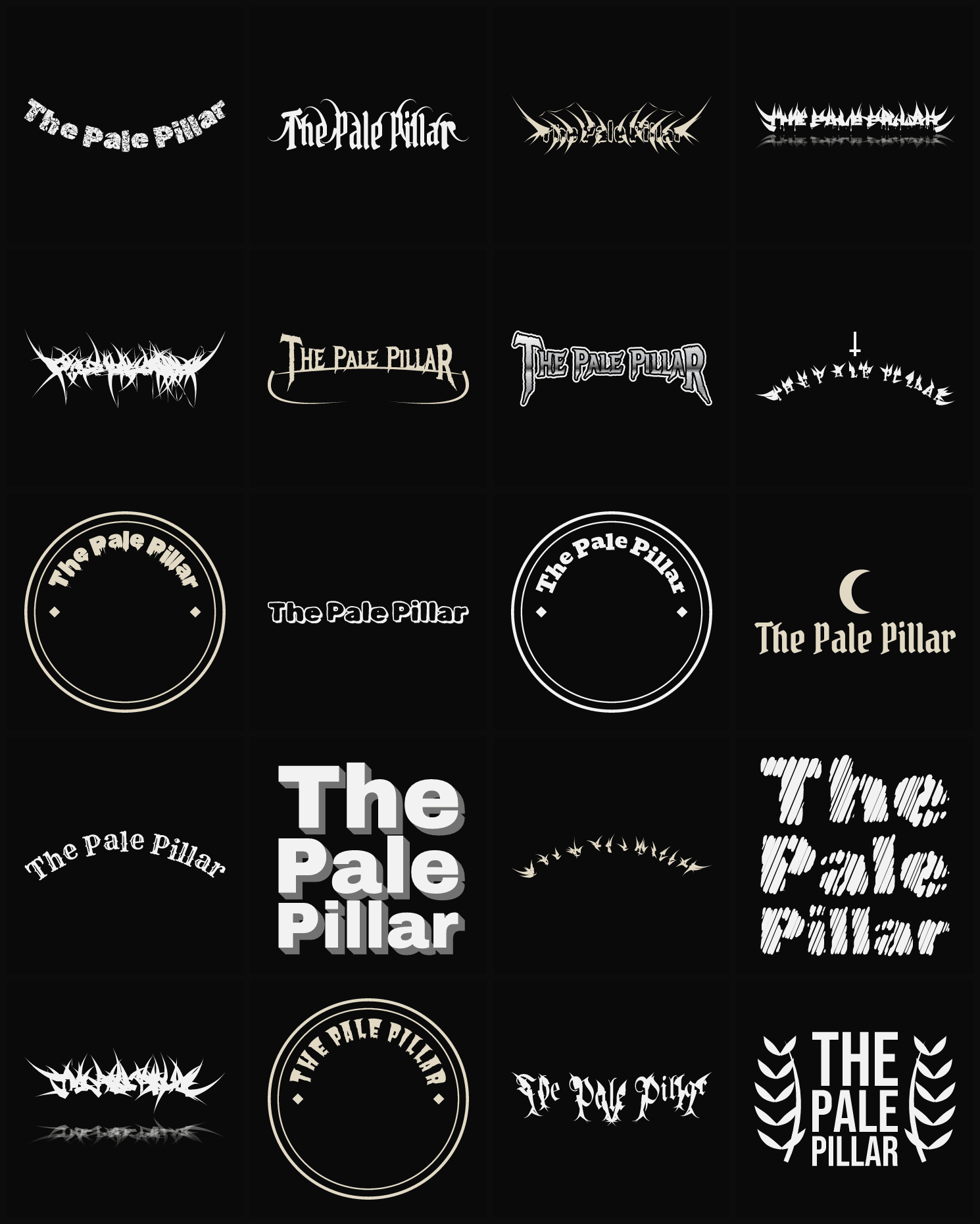 Twenty The Pale Pillar band logo ideas — different faces, treatments and spike settings
