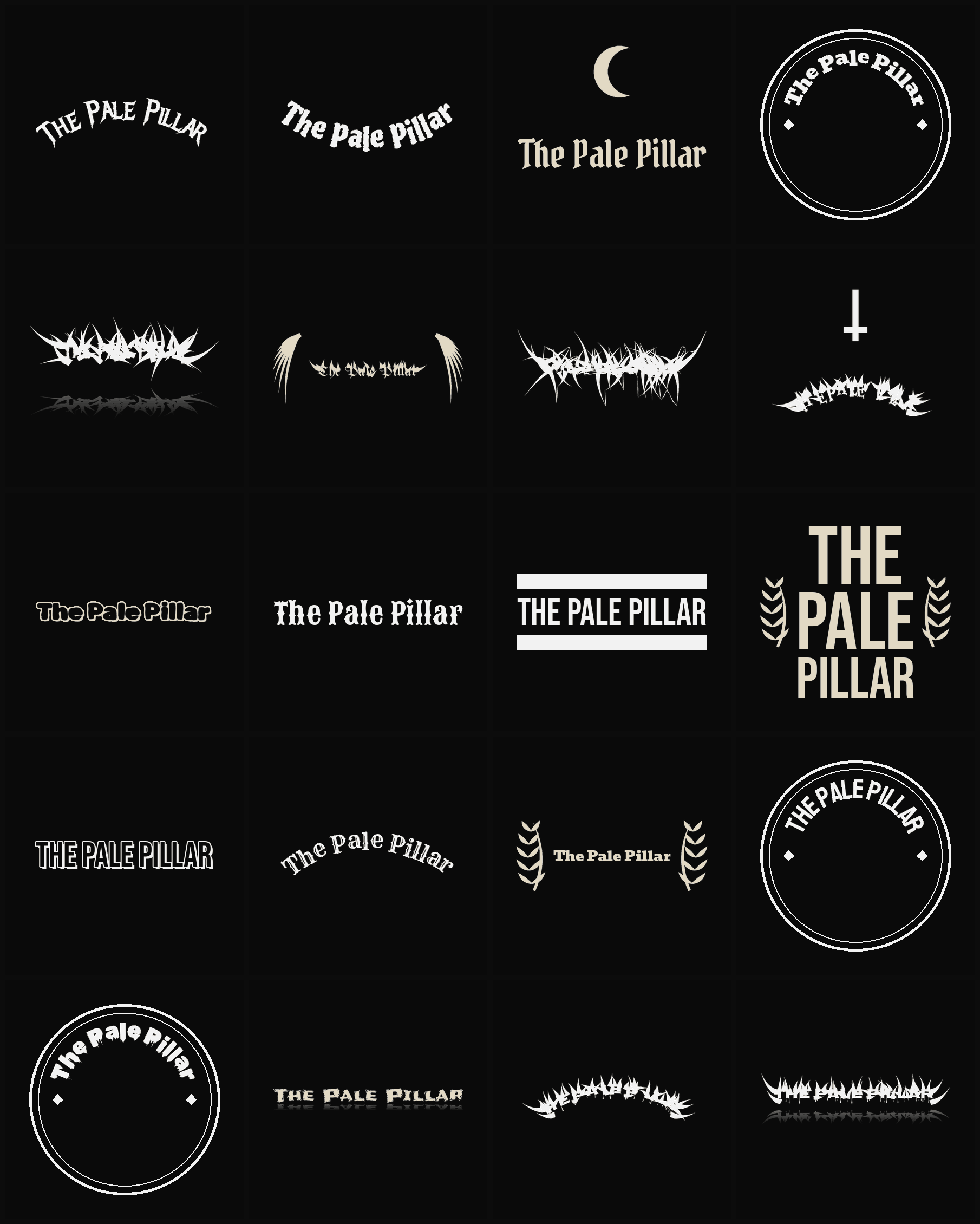 Twenty The Pale Pillar band logo ideas — different faces, treatments and spike settings