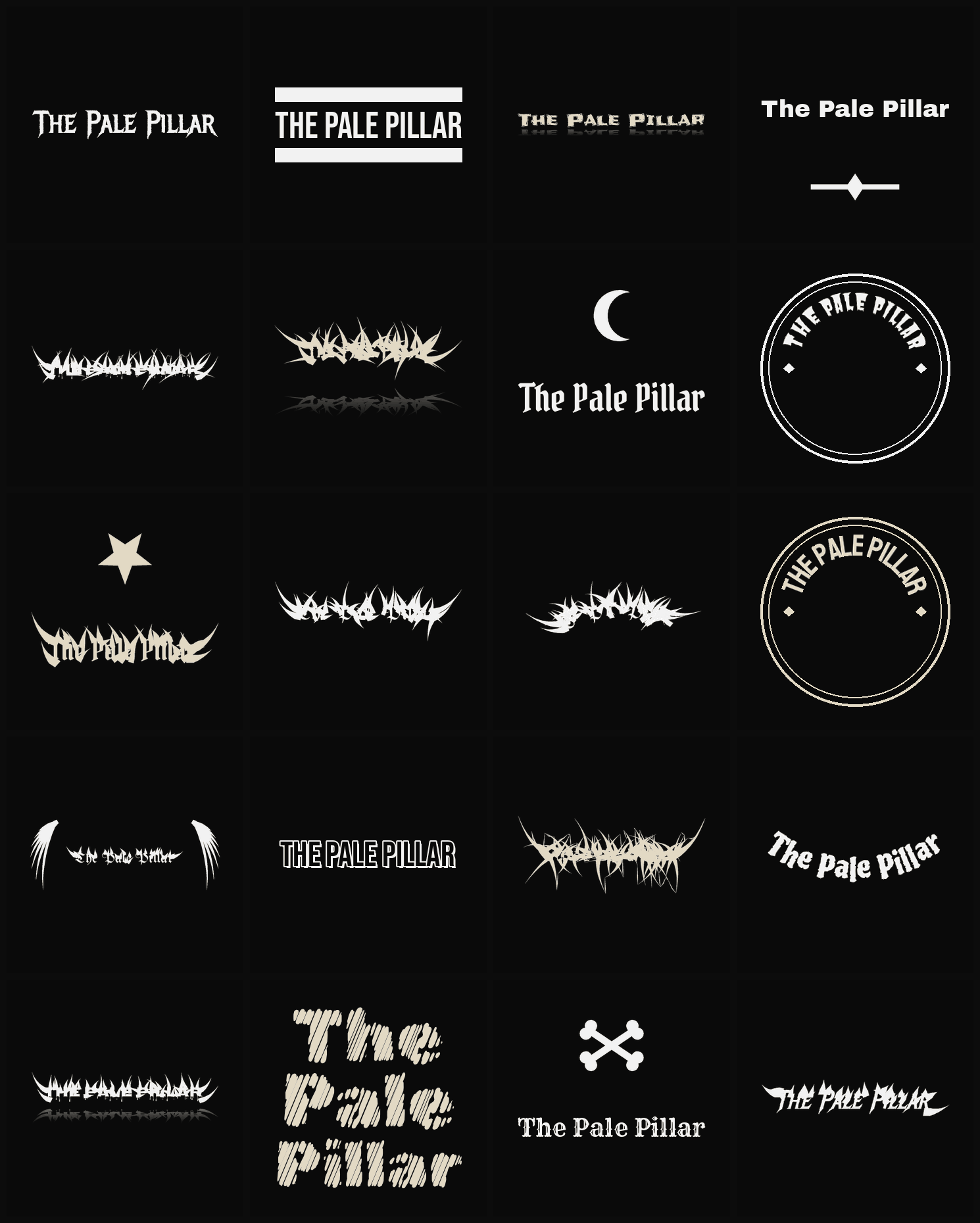 Twenty The Pale Pillar band logo ideas — different faces, treatments and spike settings