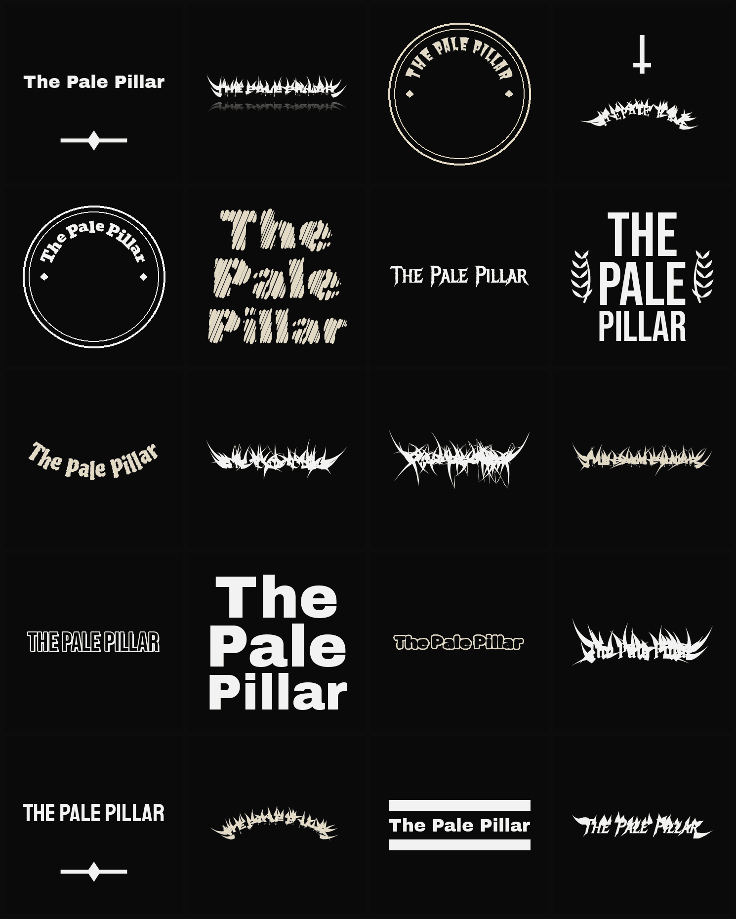 Twenty The Pale Pillar band logo ideas — different faces, treatments and spike settings