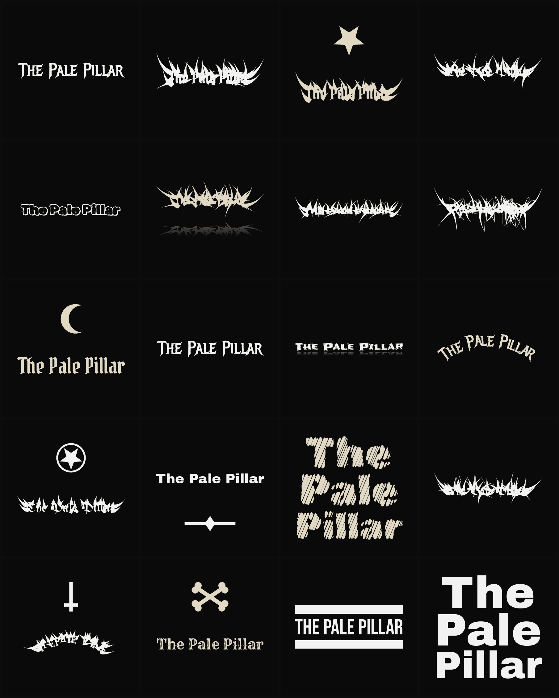 Twenty The Pale Pillar band logo ideas — different faces, treatments and spike settings