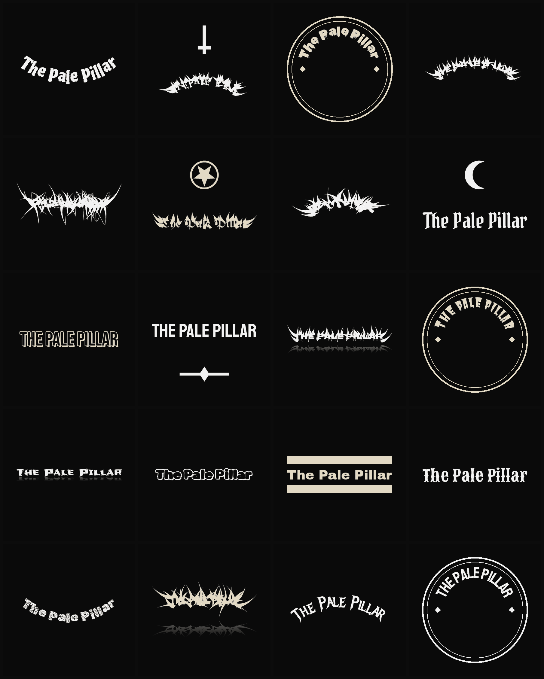 Twenty The Pale Pillar band logo ideas — different faces, treatments and spike settings
