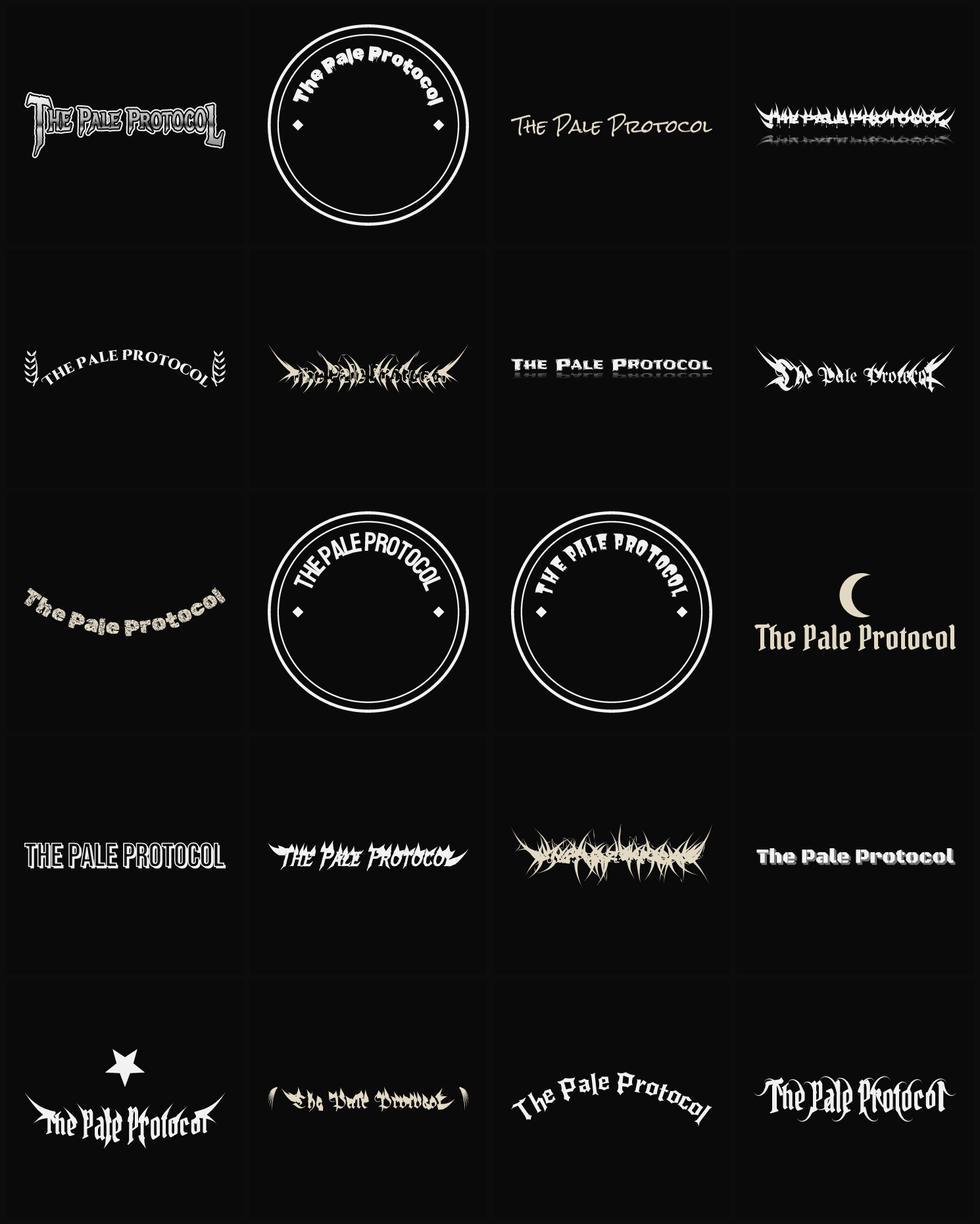 Twenty The Pale Protocol band logo ideas — different faces, treatments and spike settings