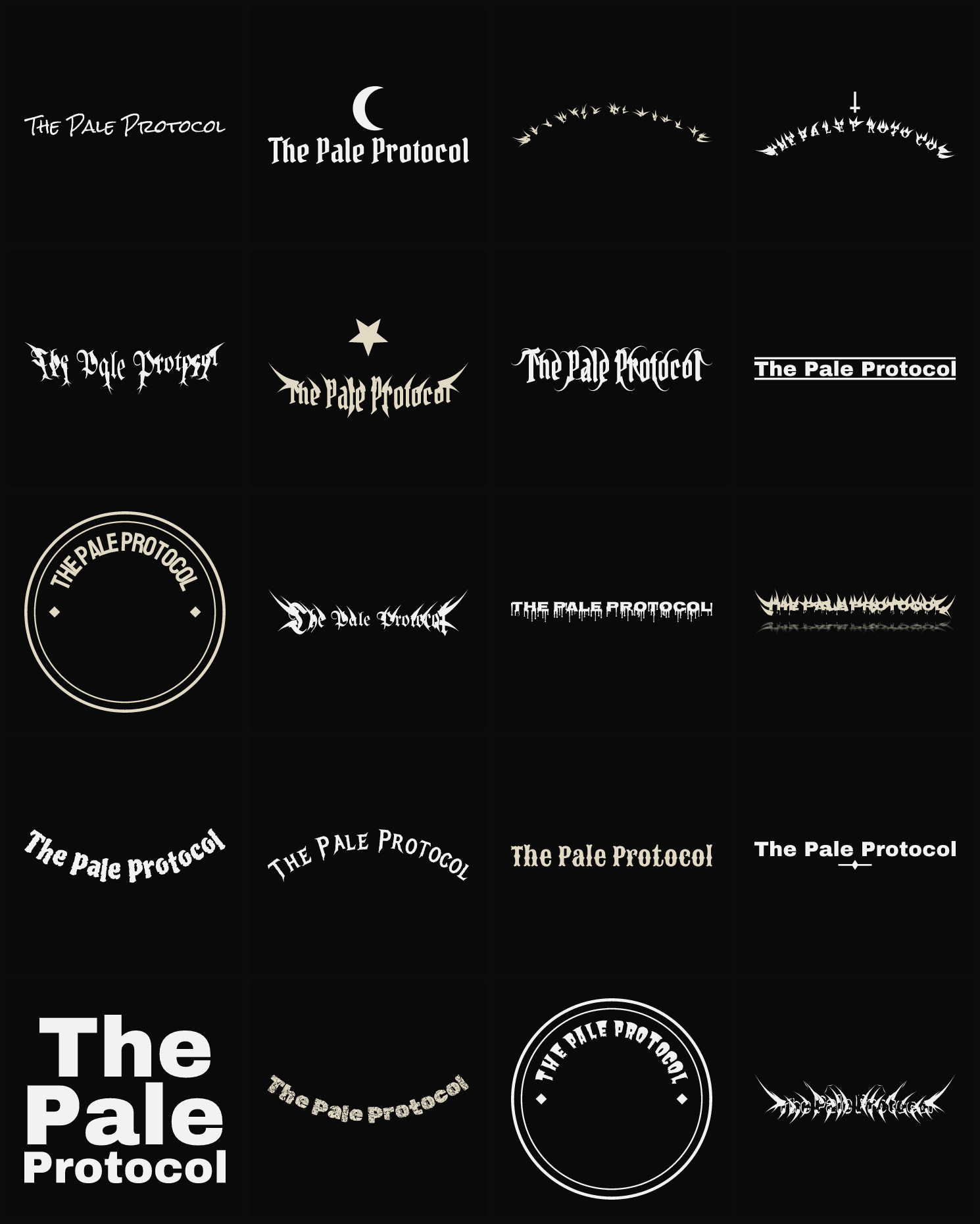Twenty The Pale Protocol band logo ideas — different faces, treatments and spike settings