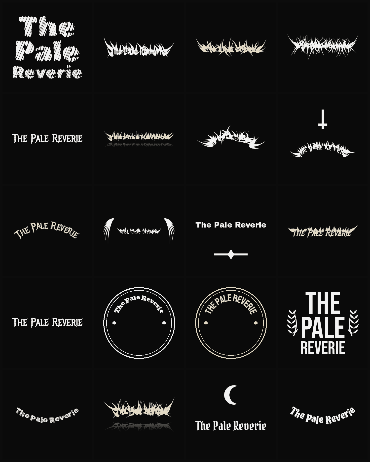 Twenty The Pale Reverie band logo ideas — different faces, treatments and spike settings