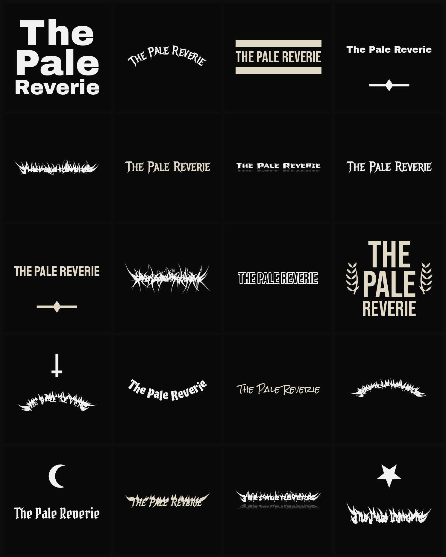 Twenty The Pale Reverie band logo ideas — different faces, treatments and spike settings