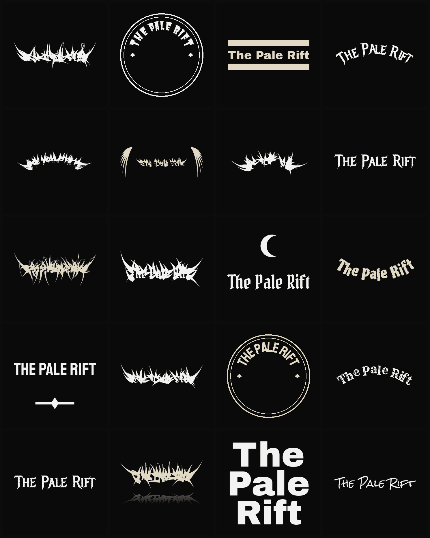 Twenty The Pale Rift band logo ideas — different faces, treatments and spike settings