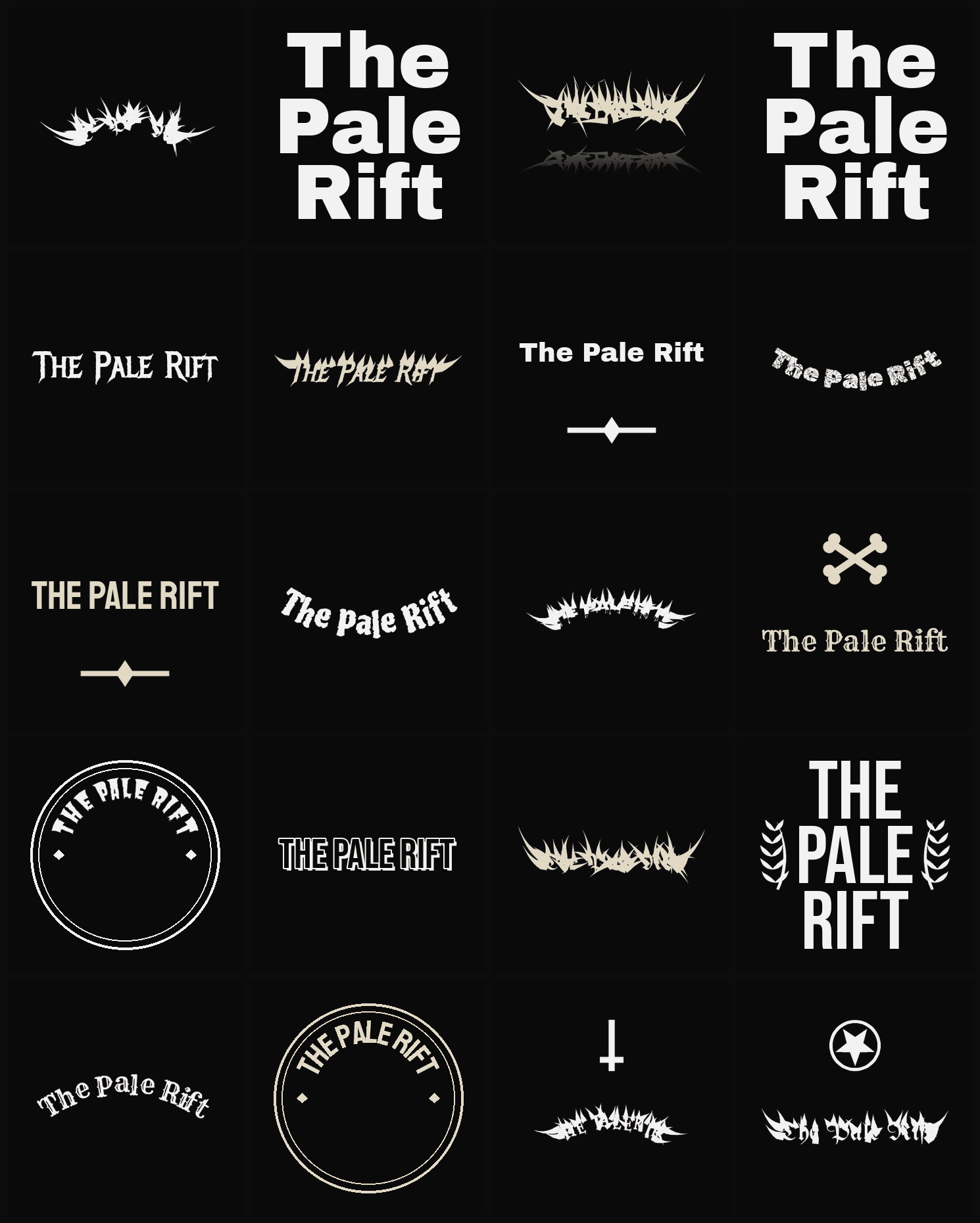 Twenty The Pale Rift band logo ideas — different faces, treatments and spike settings