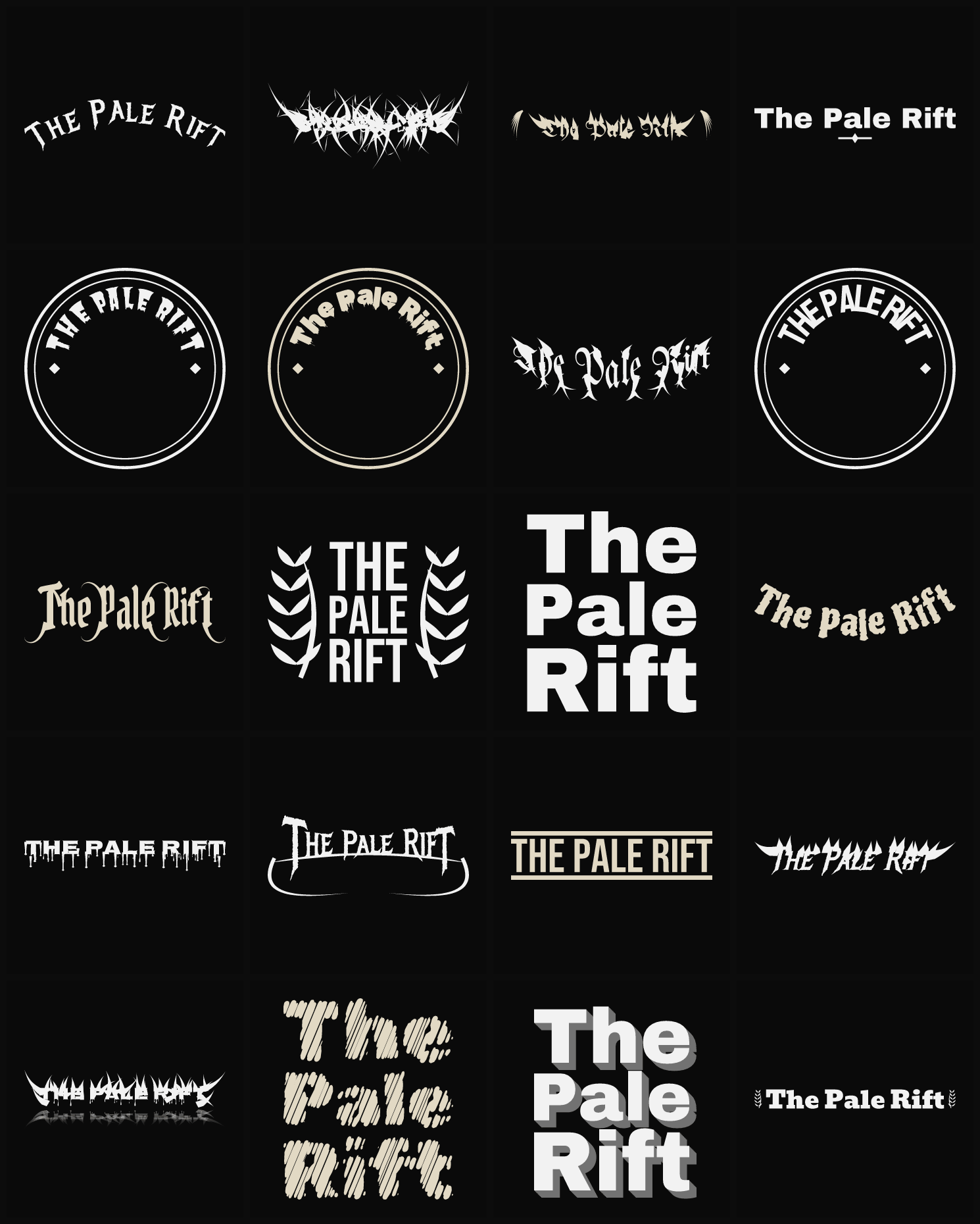 Twenty The Pale Rift band logo ideas — different faces, treatments and spike settings