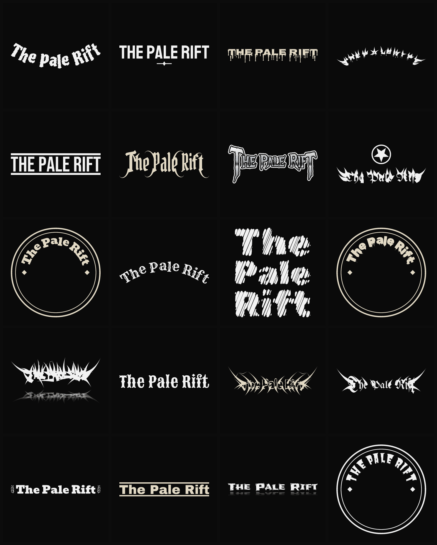 Twenty The Pale Rift band logo ideas — different faces, treatments and spike settings