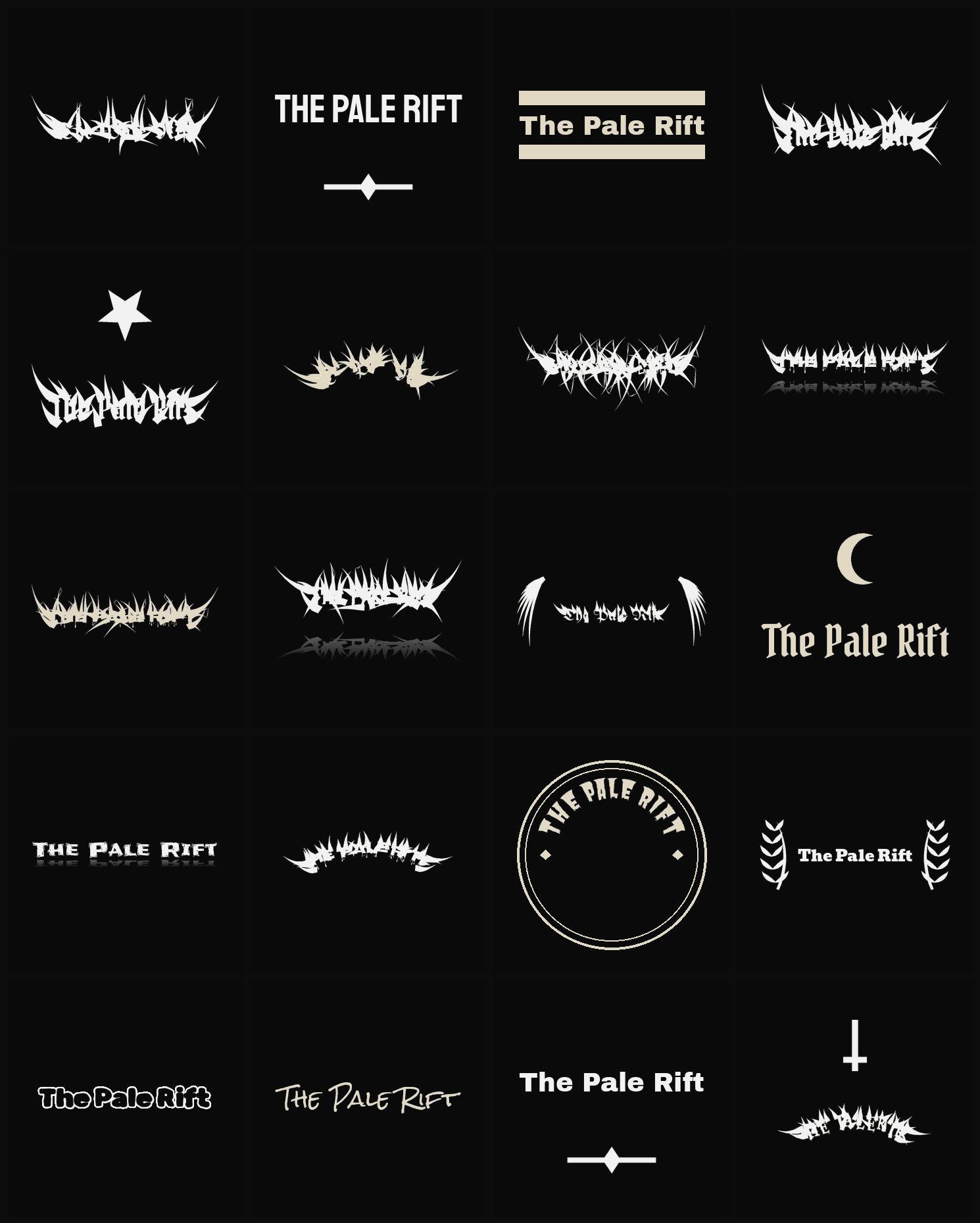 Twenty The Pale Rift band logo ideas — different faces, treatments and spike settings