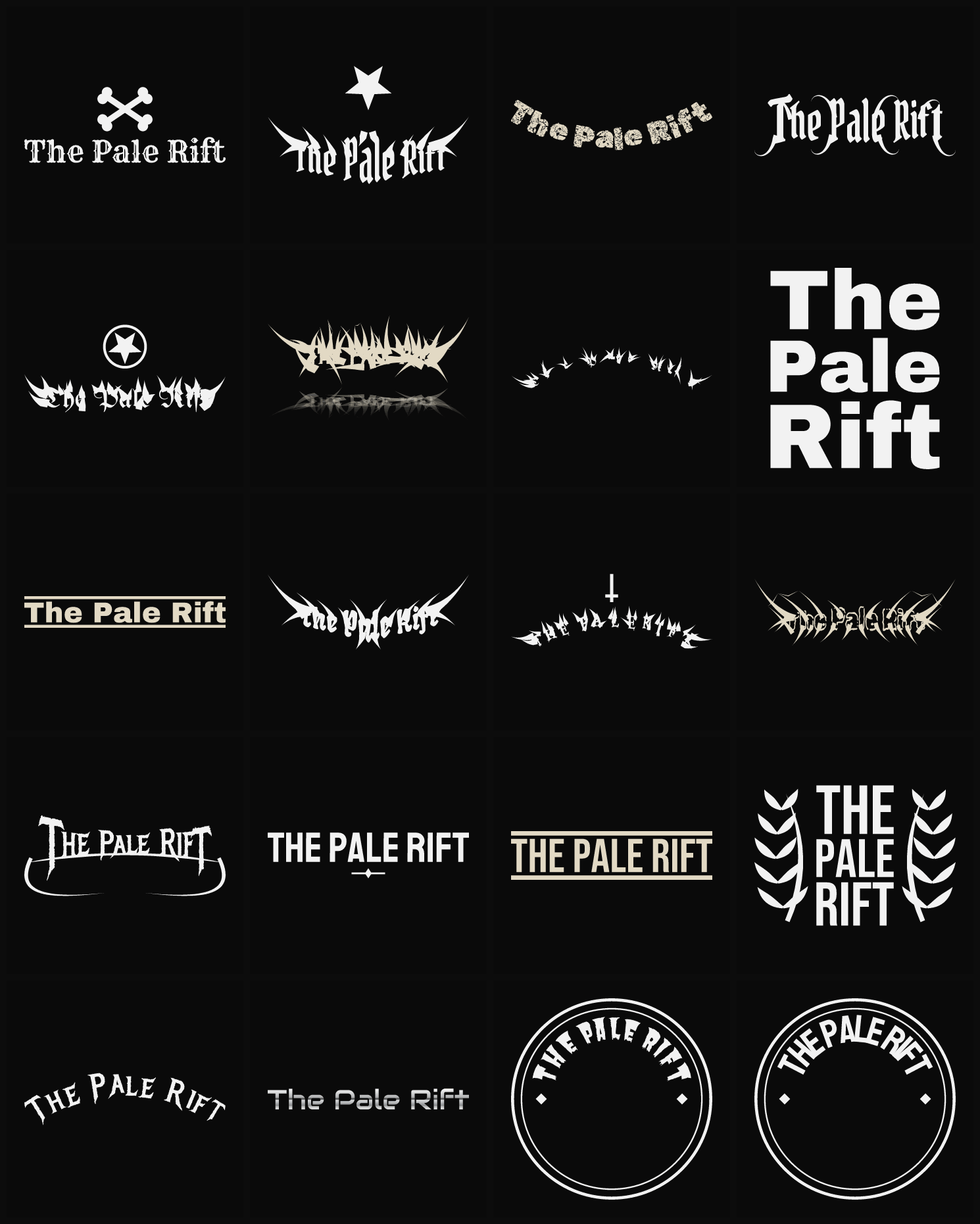 Twenty The Pale Rift band logo ideas — different faces, treatments and spike settings