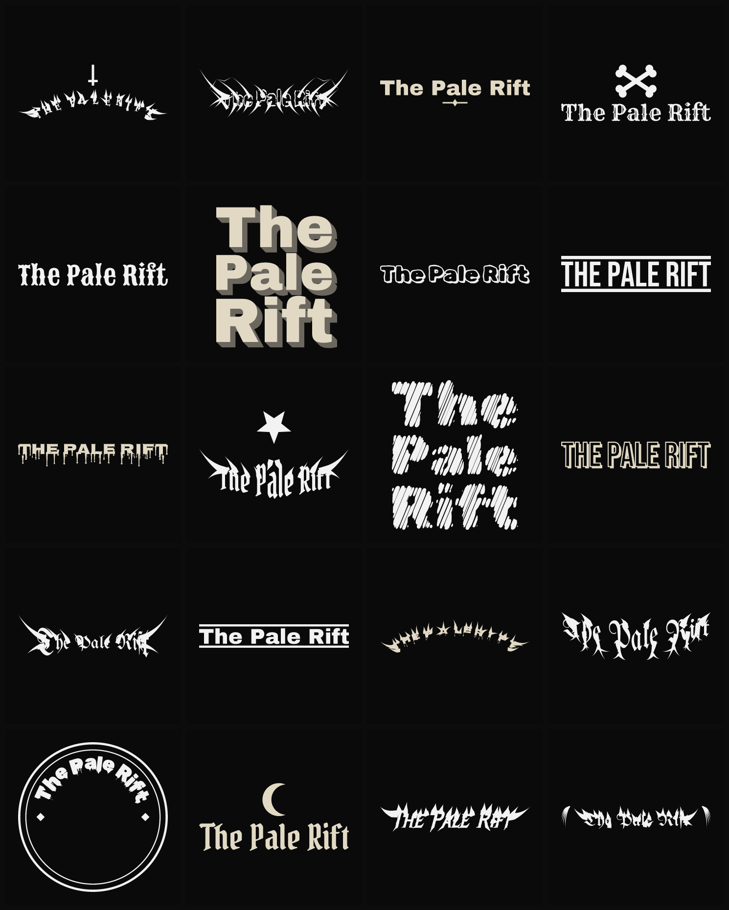 Twenty The Pale Rift band logo ideas — different faces, treatments and spike settings
