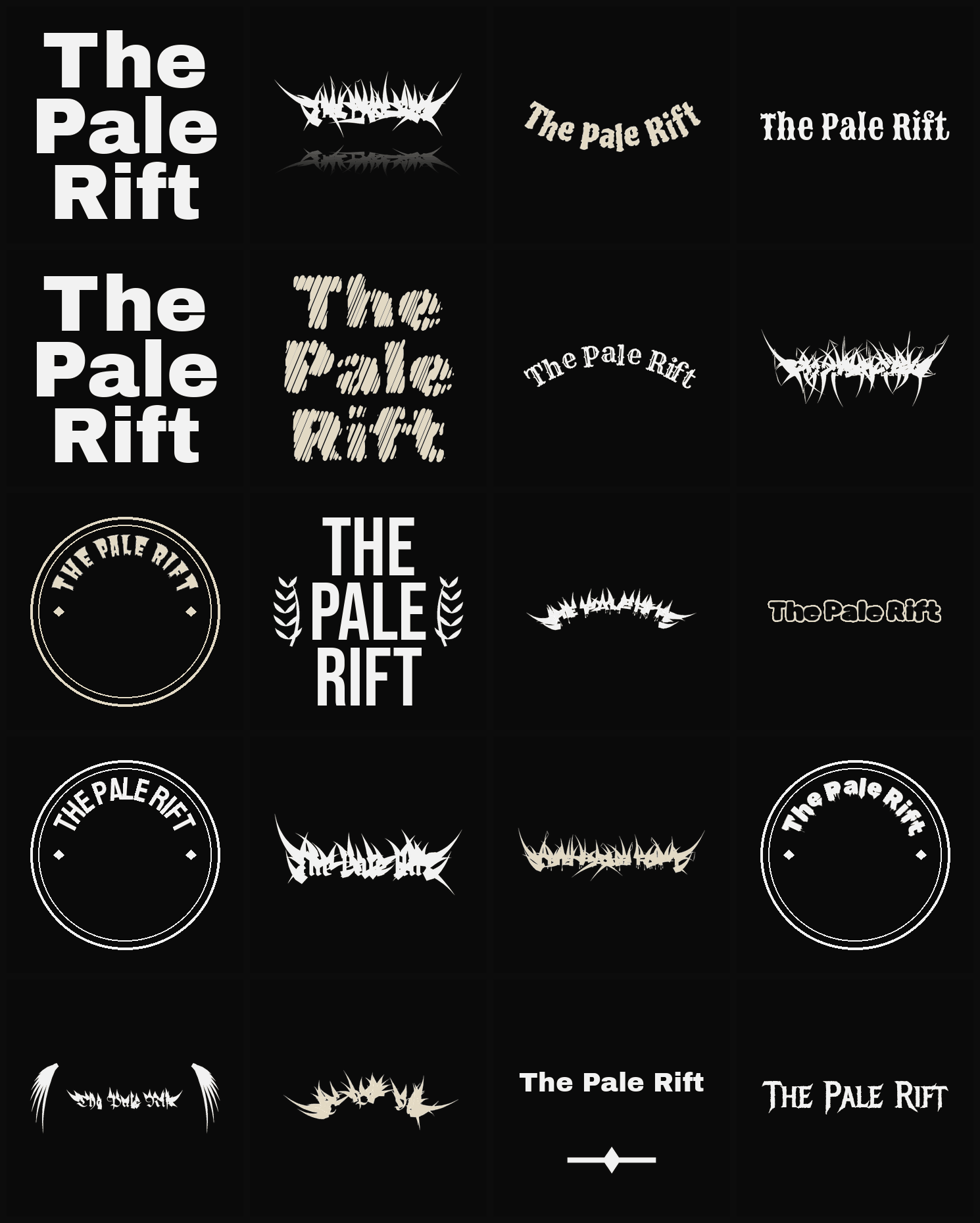 Twenty The Pale Rift band logo ideas — different faces, treatments and spike settings