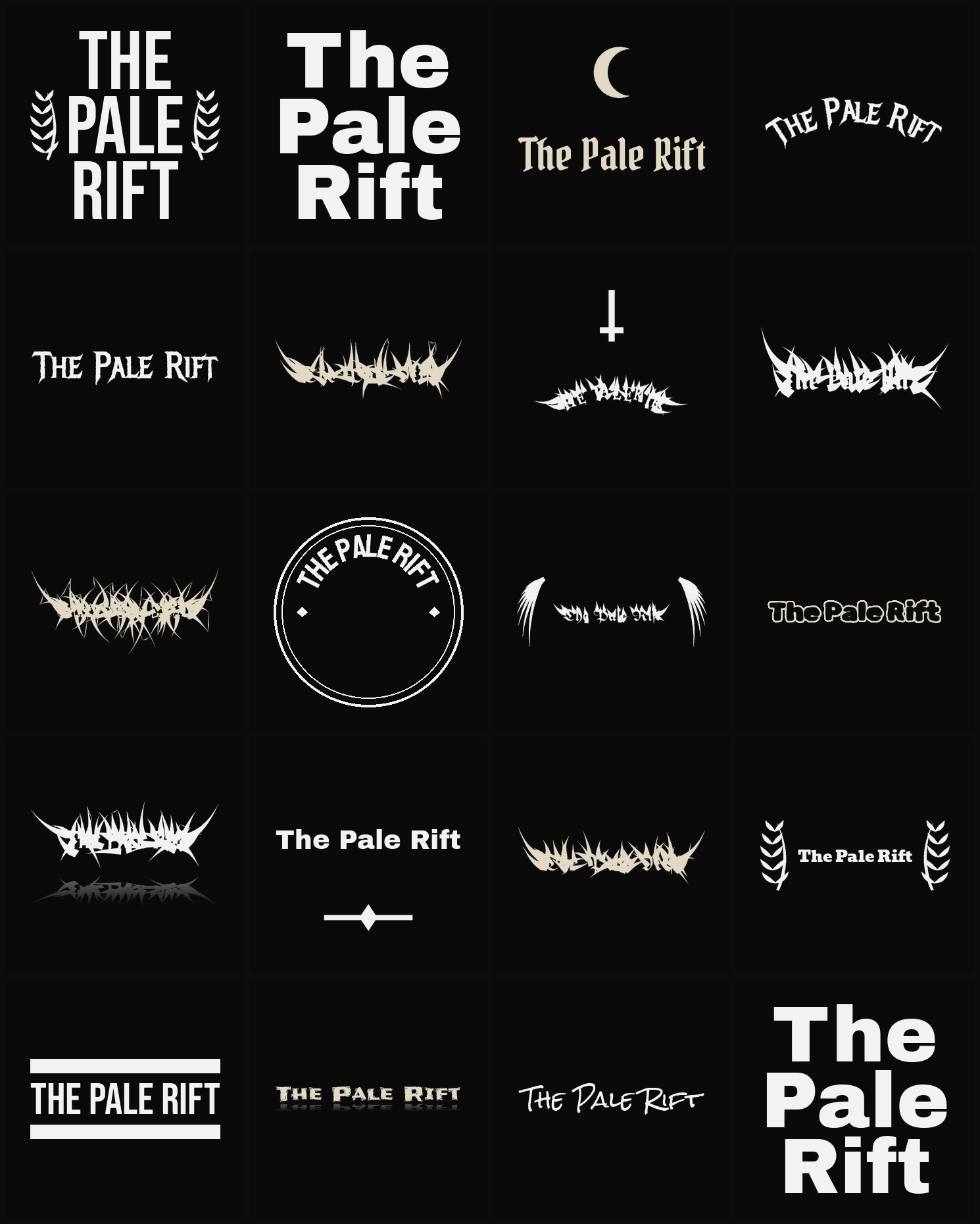 Twenty The Pale Rift band logo ideas — different faces, treatments and spike settings
