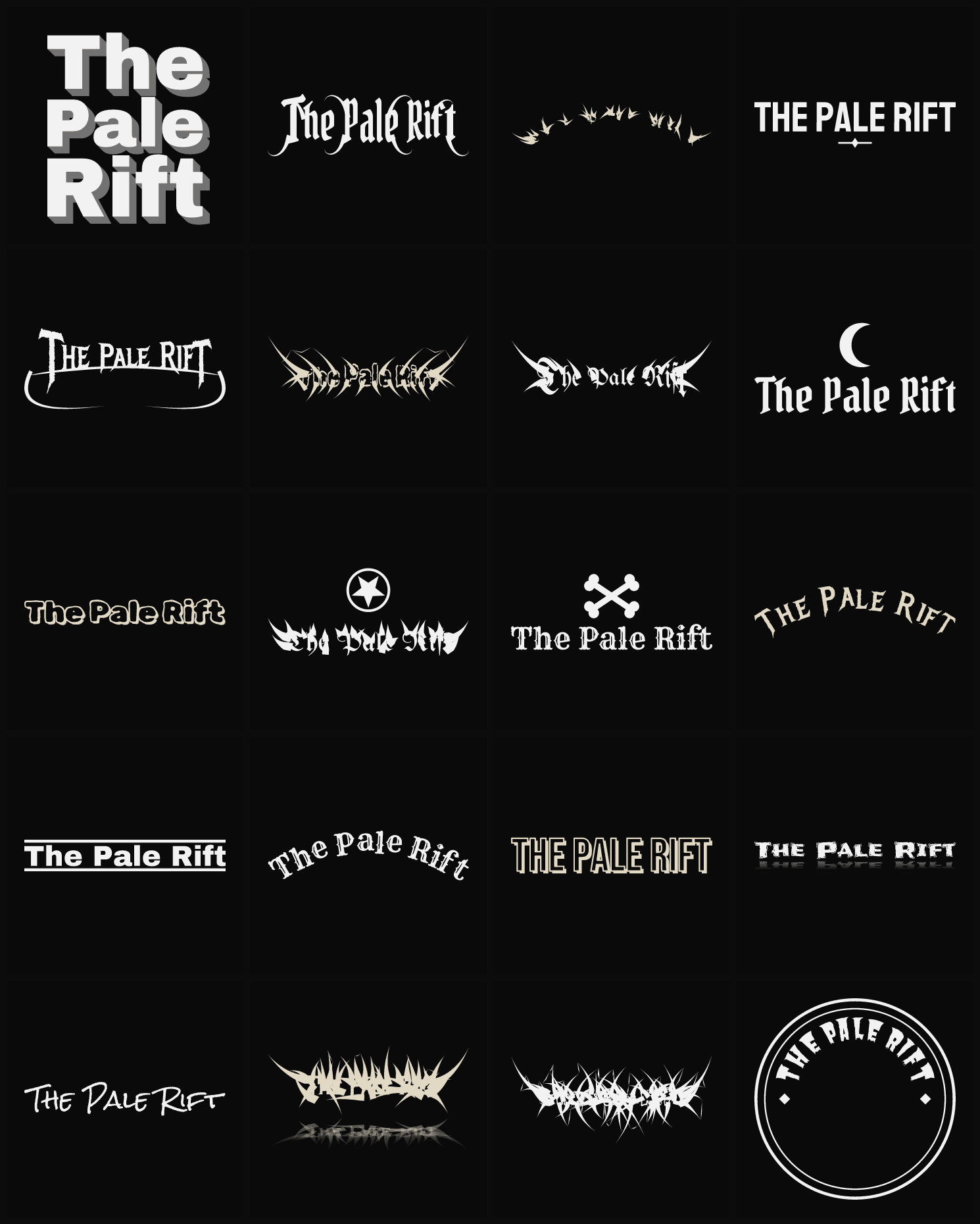 Twenty The Pale Rift band logo ideas — different faces, treatments and spike settings
