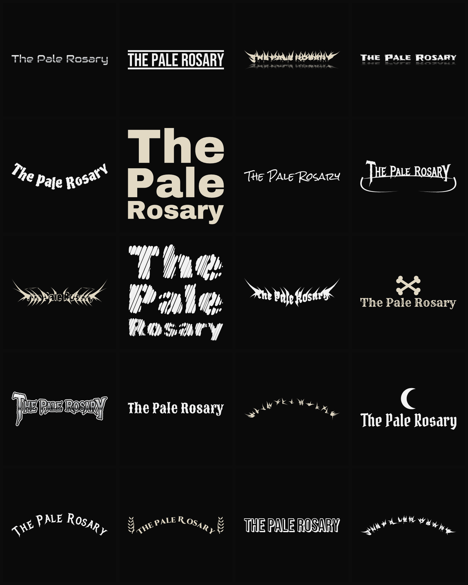 Twenty The Pale Rosary band logo ideas — different faces, treatments and spike settings