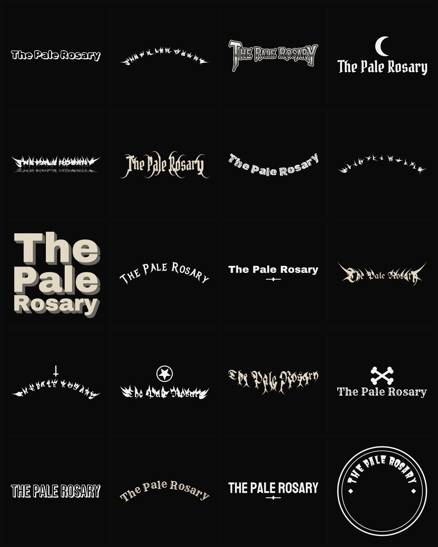 Twenty The Pale Rosary band logo ideas — different faces, treatments and spike settings