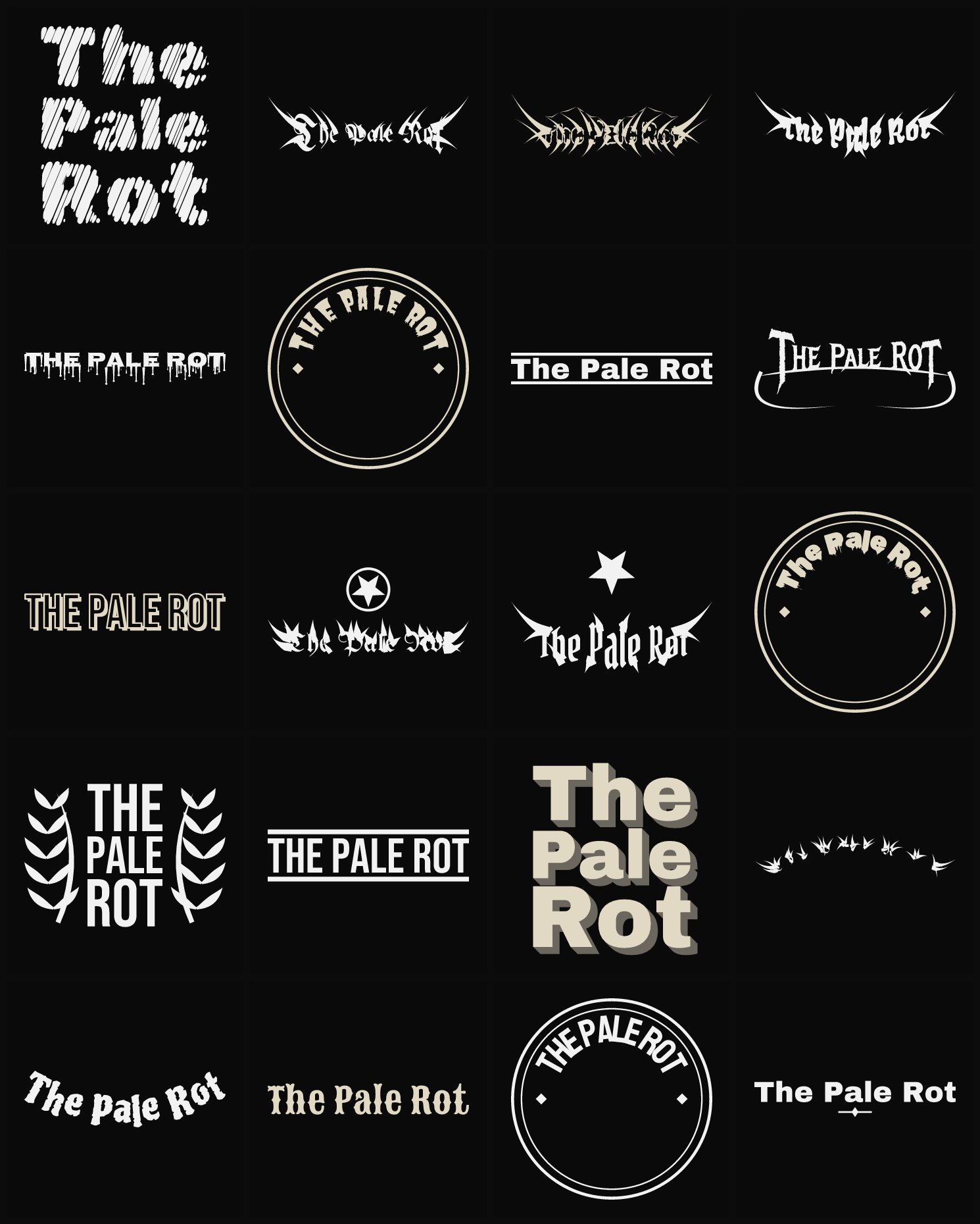 Twenty The Pale Rot band logo ideas — different faces, treatments and spike settings