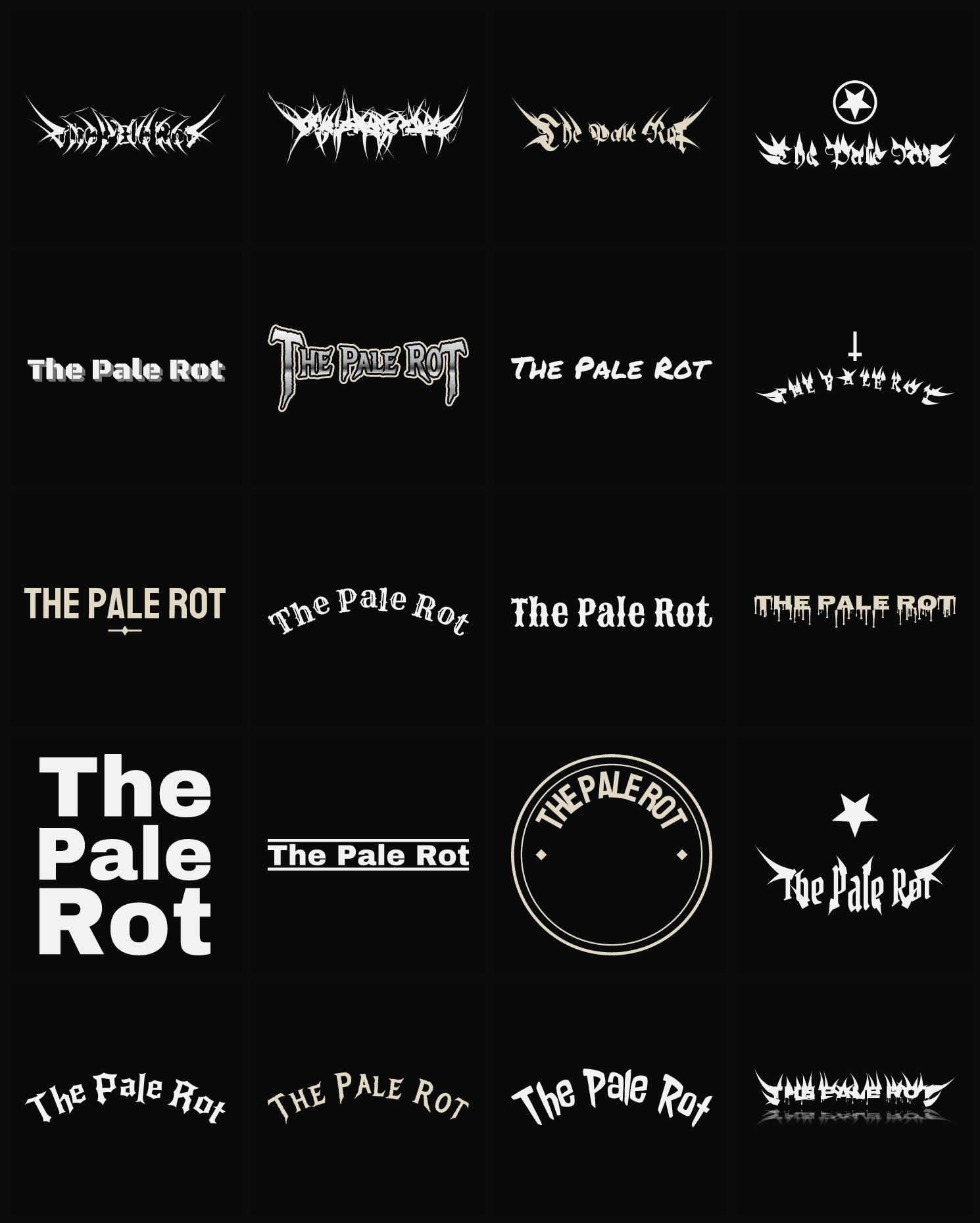 Twenty The Pale Rot band logo ideas — different faces, treatments and spike settings