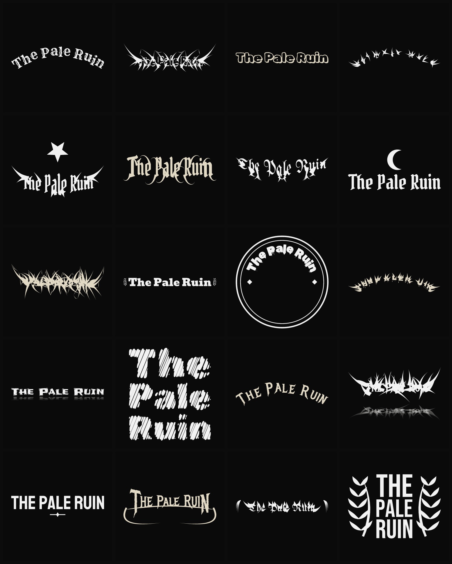 Twenty The Pale Ruin band logo ideas — different faces, treatments and spike settings