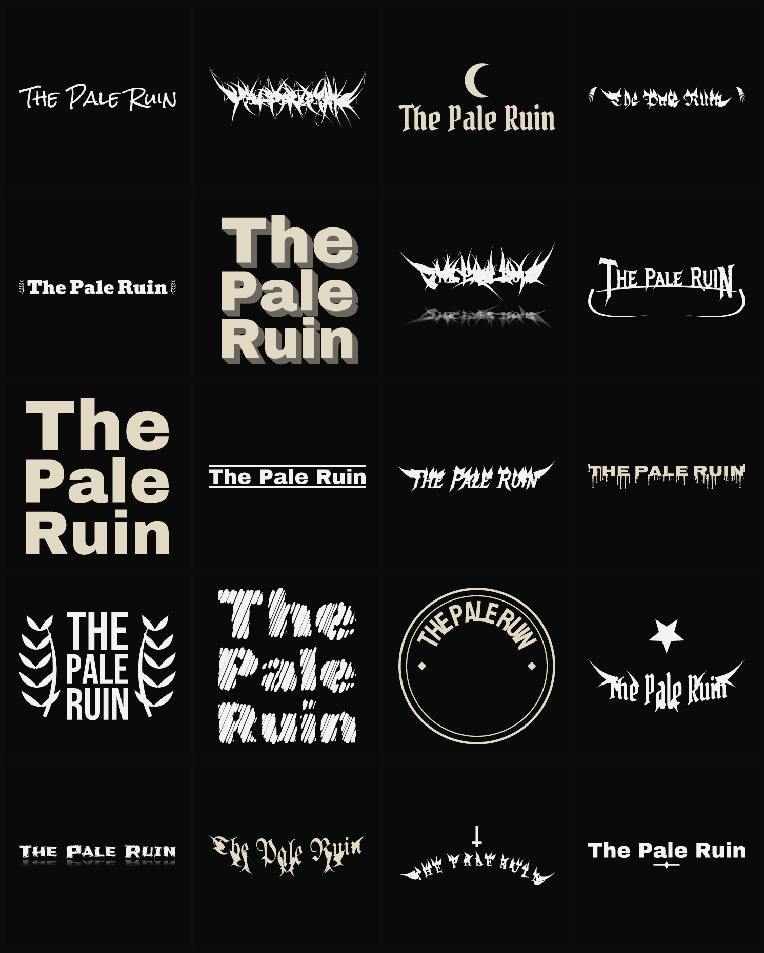 Twenty The Pale Ruin band logo ideas — different faces, treatments and spike settings