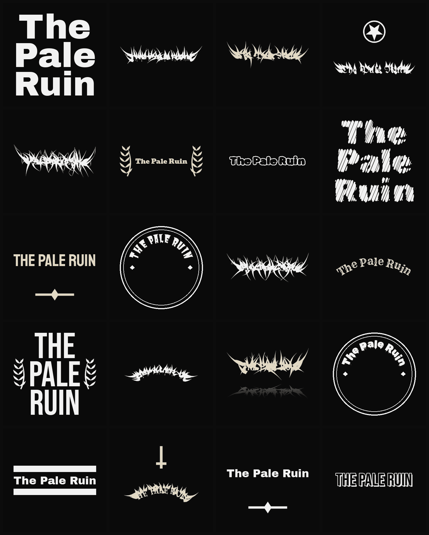 Twenty The Pale Ruin band logo ideas — different faces, treatments and spike settings