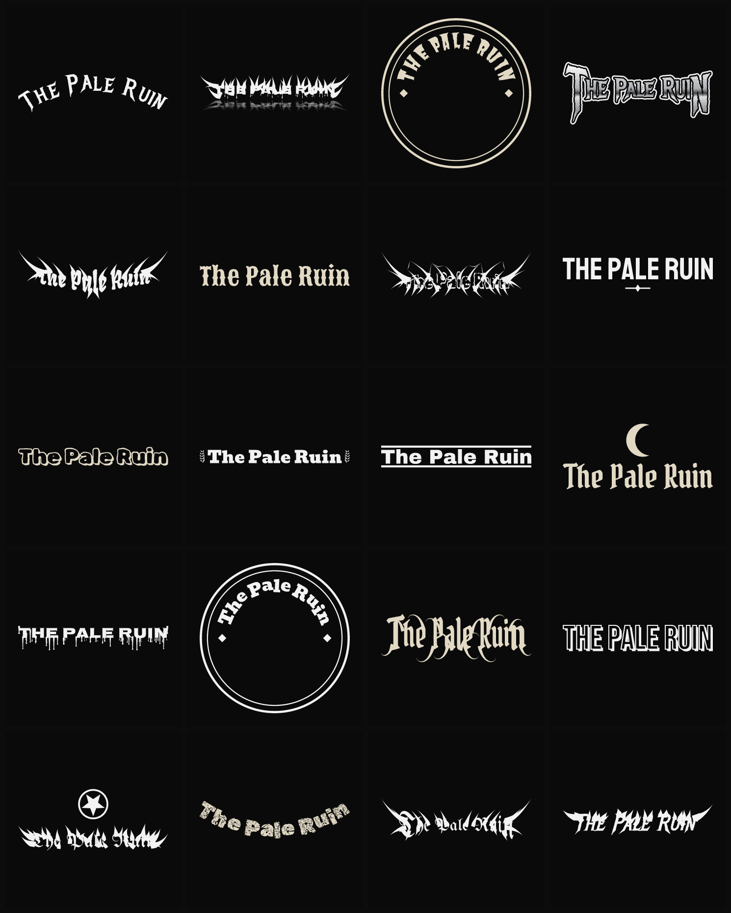 Twenty The Pale Ruin band logo ideas — different faces, treatments and spike settings