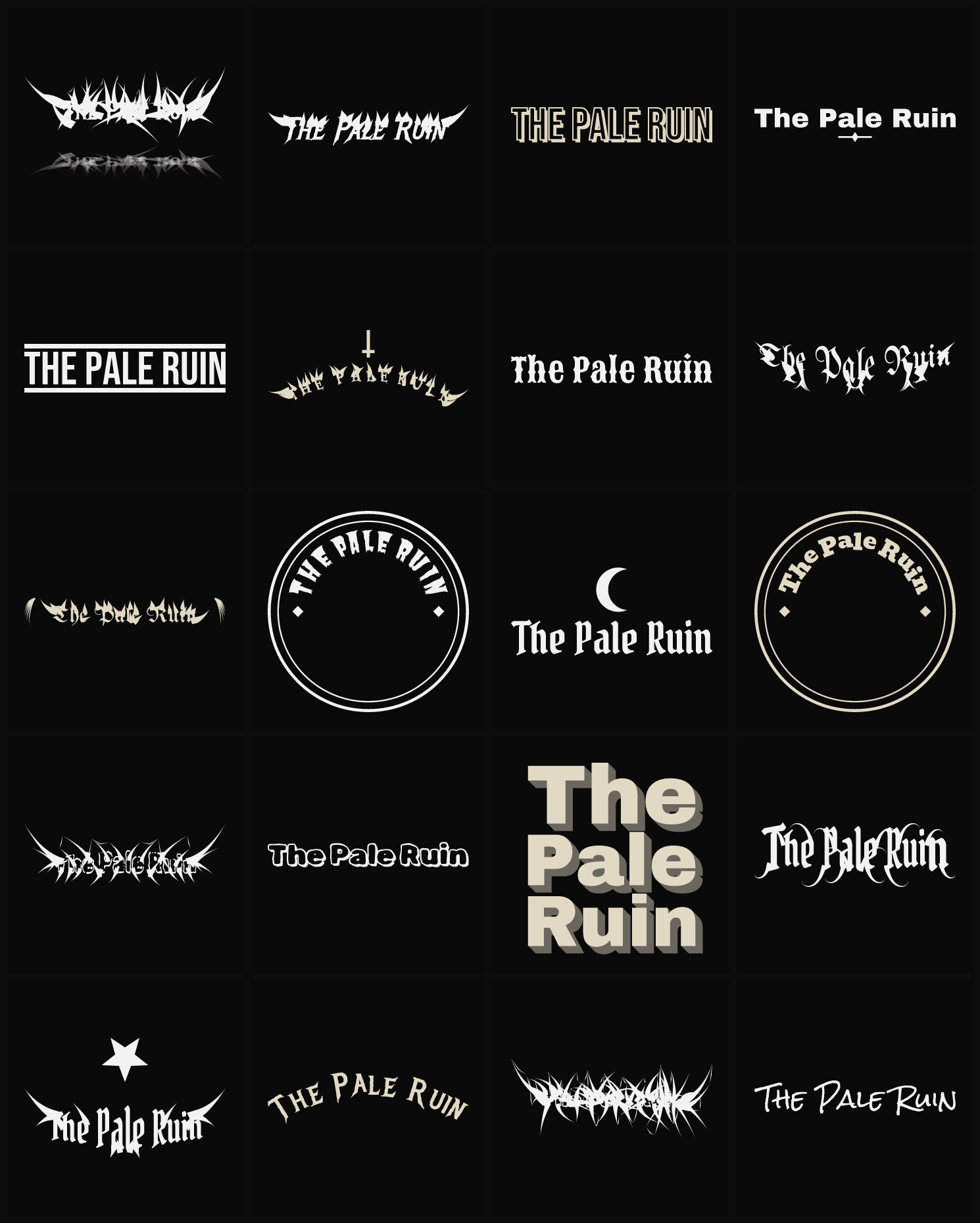 Twenty The Pale Ruin band logo ideas — different faces, treatments and spike settings
