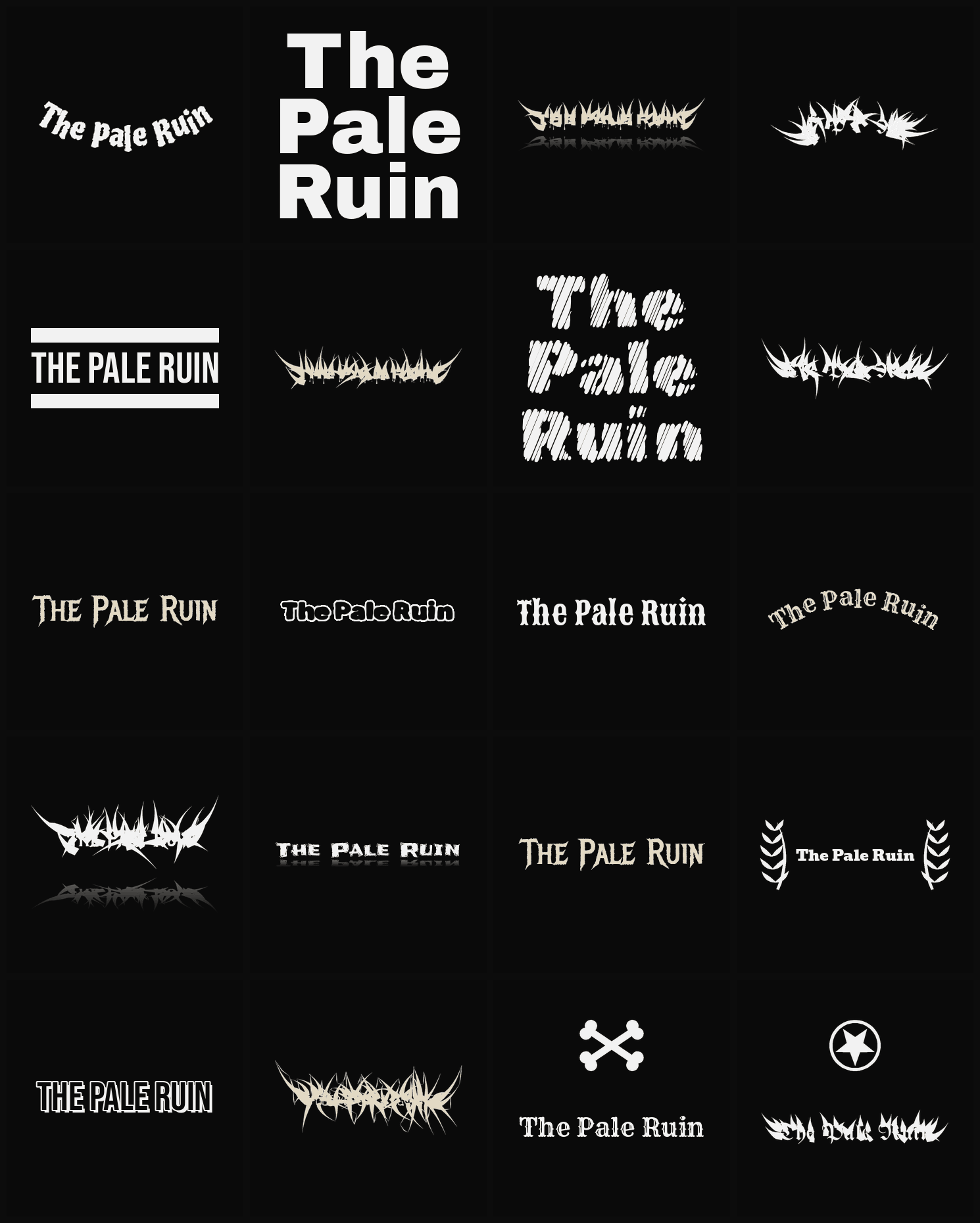 Twenty The Pale Ruin band logo ideas — different faces, treatments and spike settings