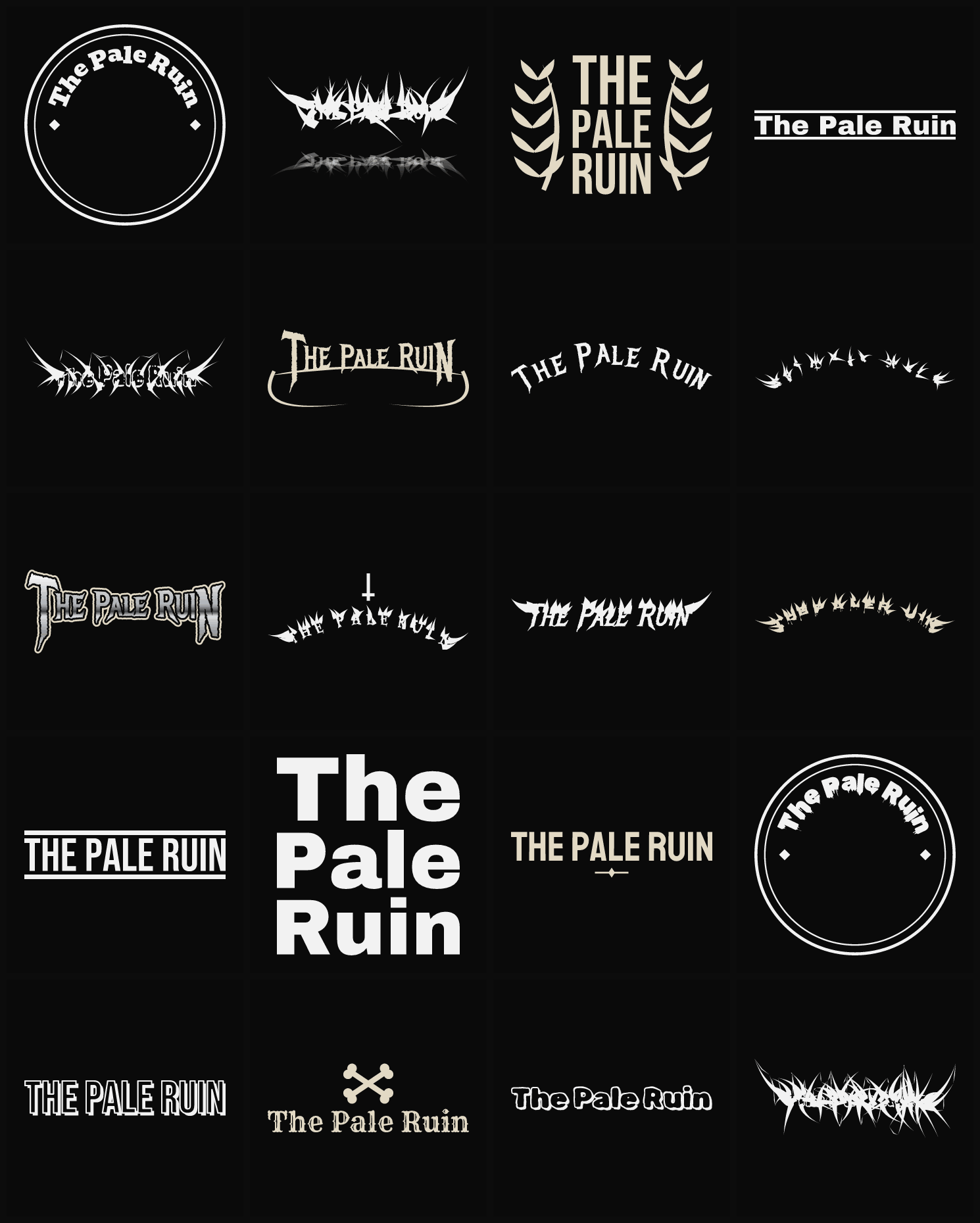 Twenty The Pale Ruin band logo ideas — different faces, treatments and spike settings