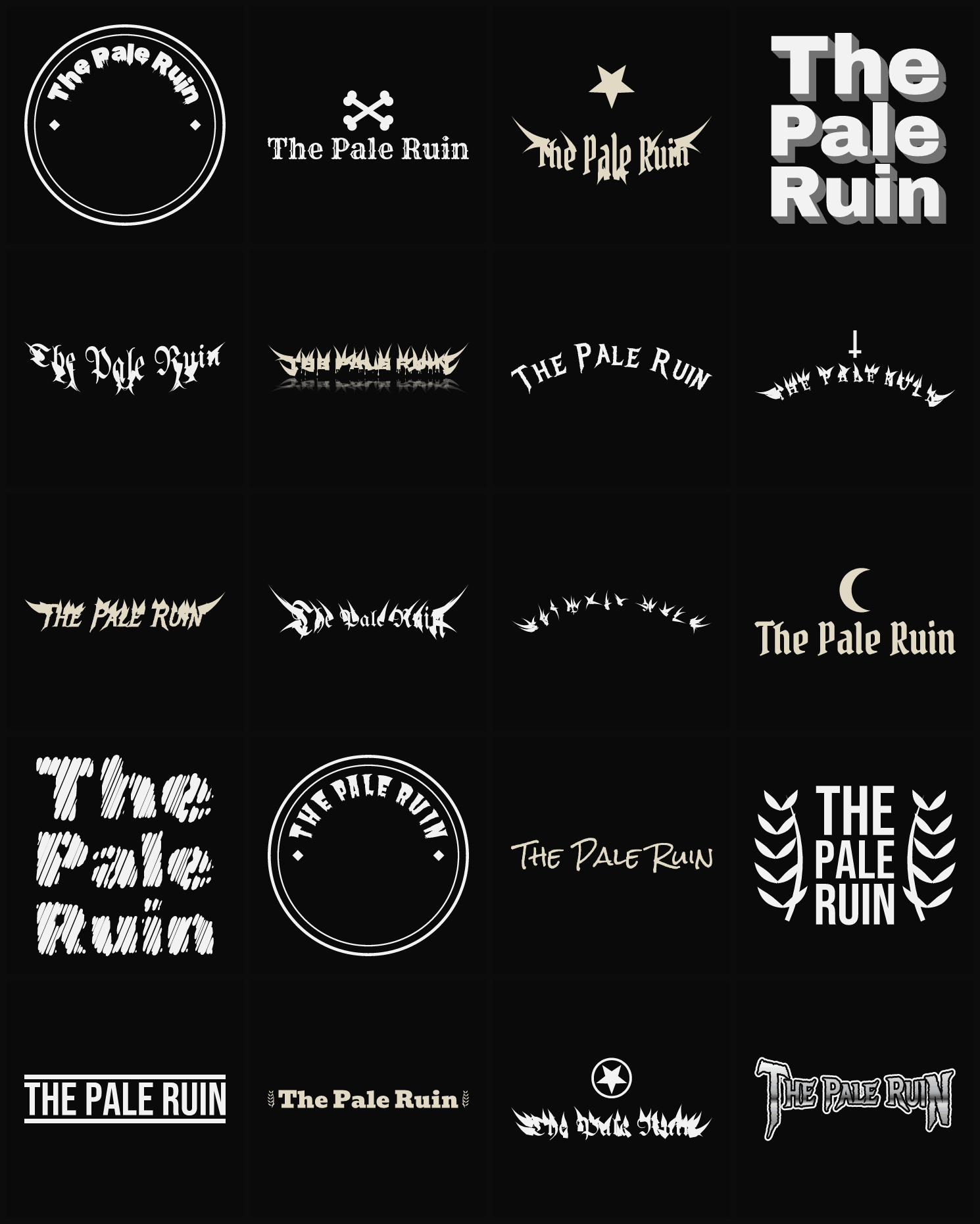 Twenty The Pale Ruin band logo ideas — different faces, treatments and spike settings