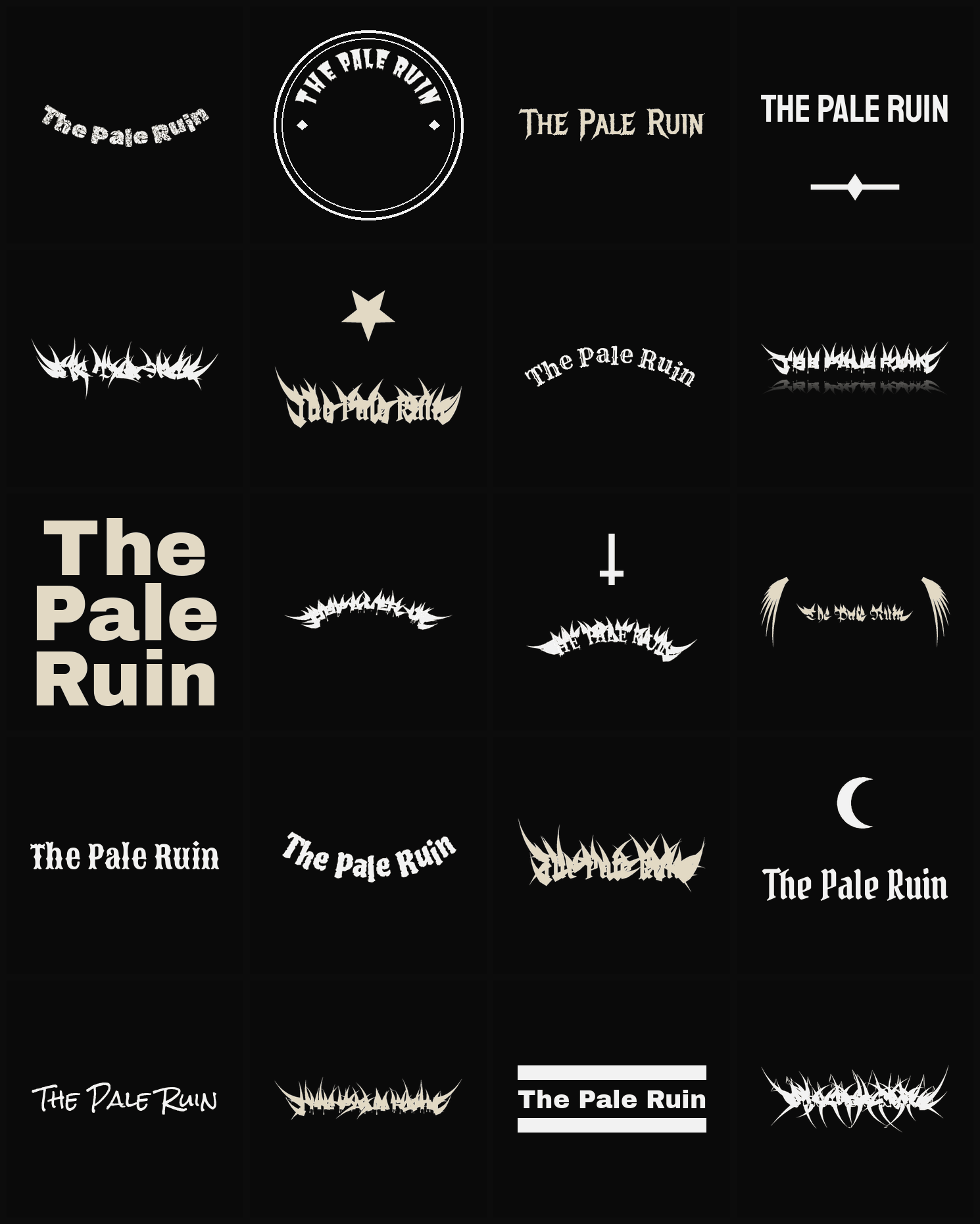 Twenty The Pale Ruin band logo ideas — different faces, treatments and spike settings