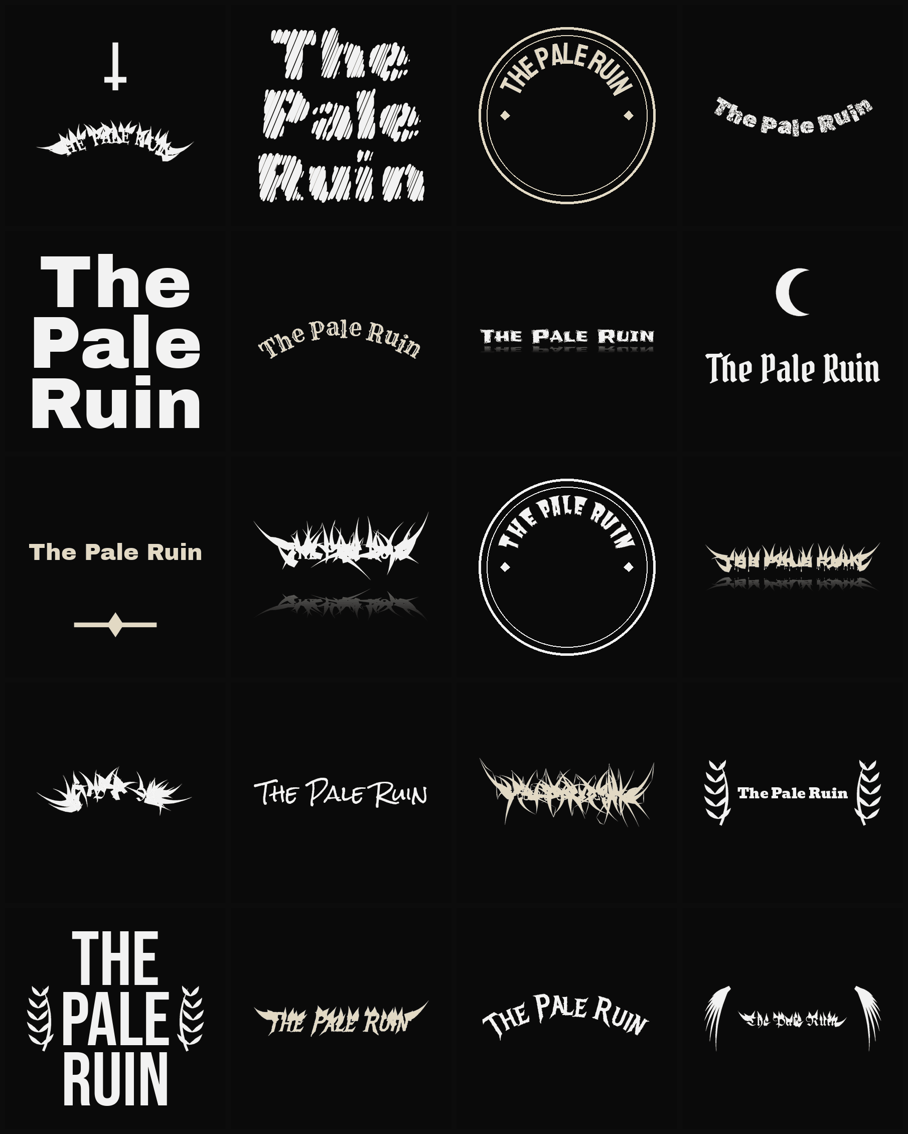 Twenty The Pale Ruin band logo ideas — different faces, treatments and spike settings