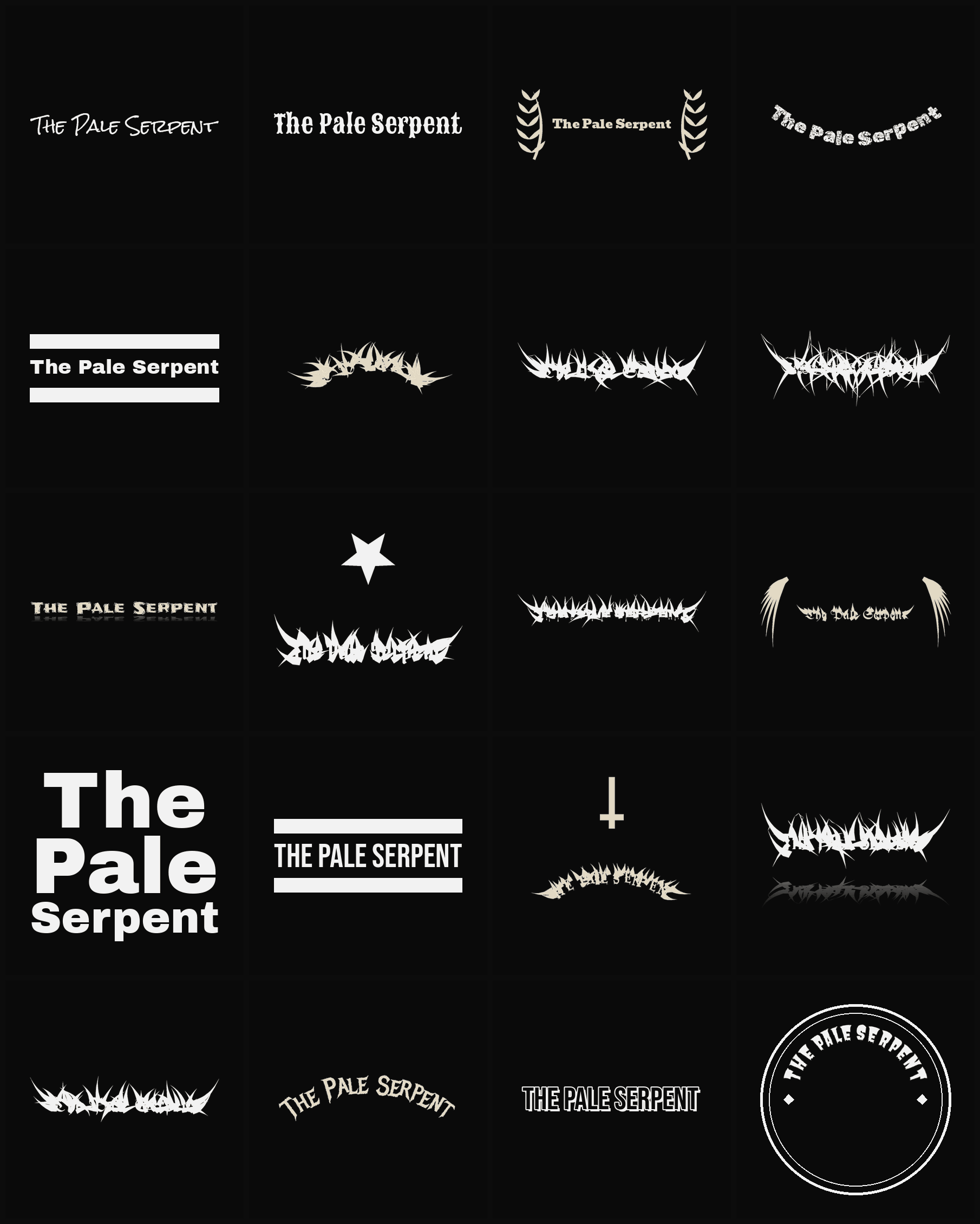 Twenty The Pale Serpent band logo ideas — different faces, treatments and spike settings