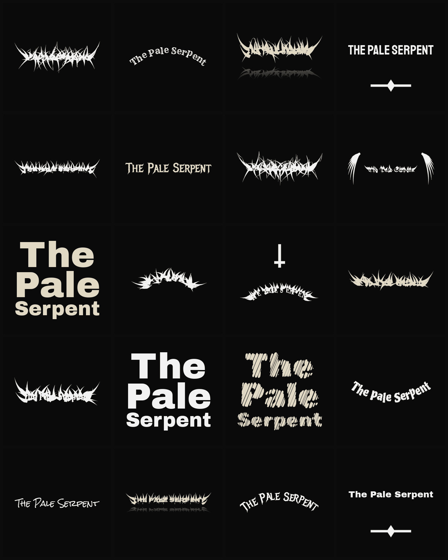Twenty The Pale Serpent band logo ideas — different faces, treatments and spike settings