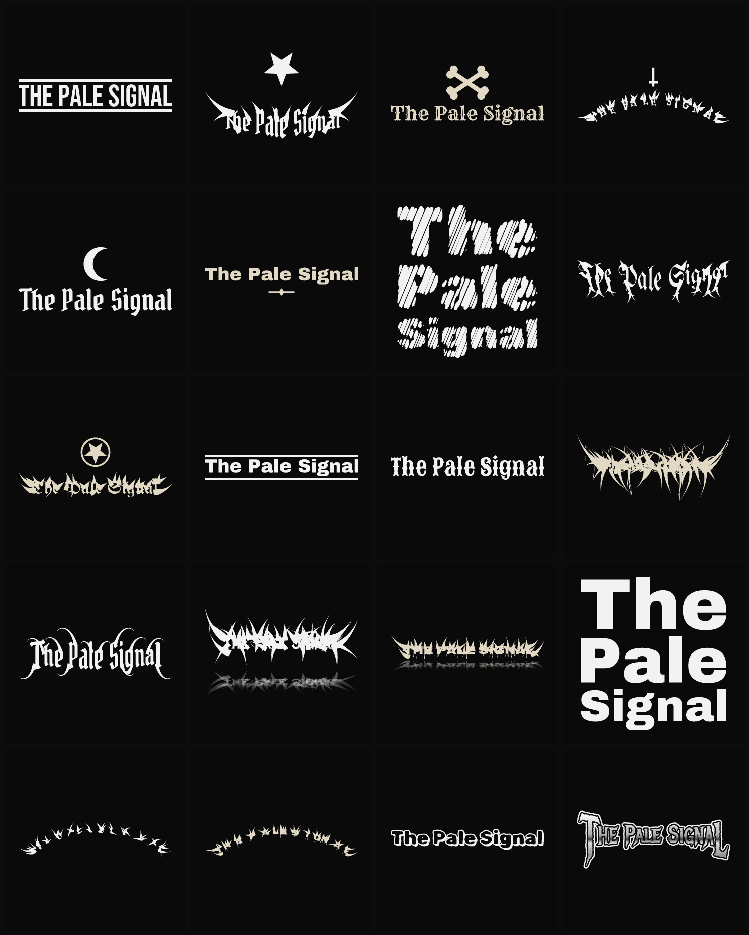 Twenty The Pale Signal band logo ideas — different faces, treatments and spike settings