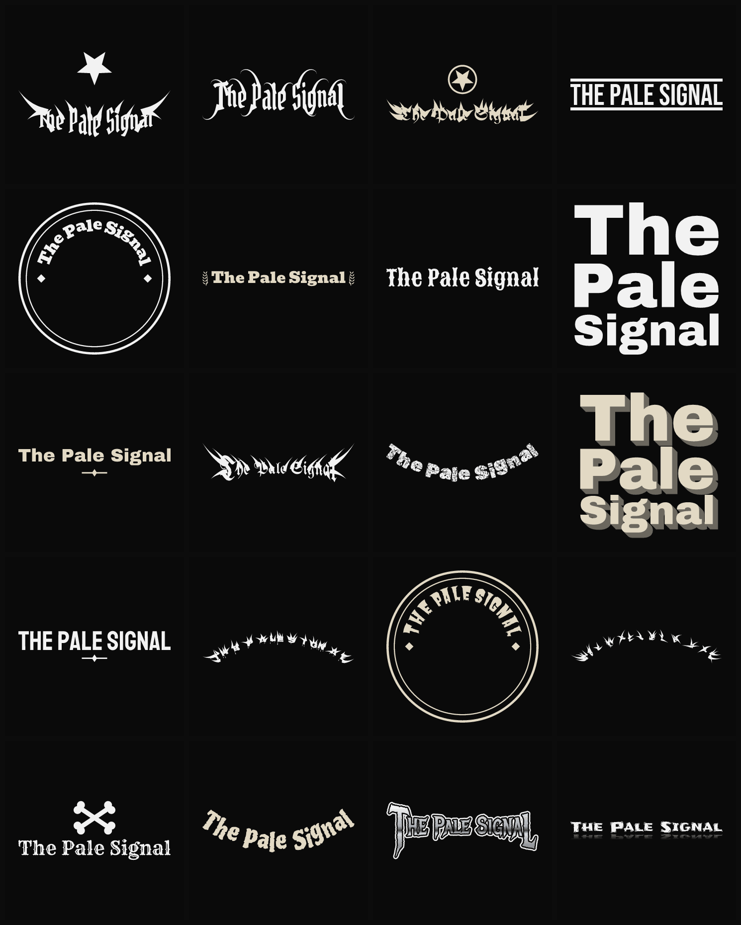 Twenty The Pale Signal band logo ideas — different faces, treatments and spike settings