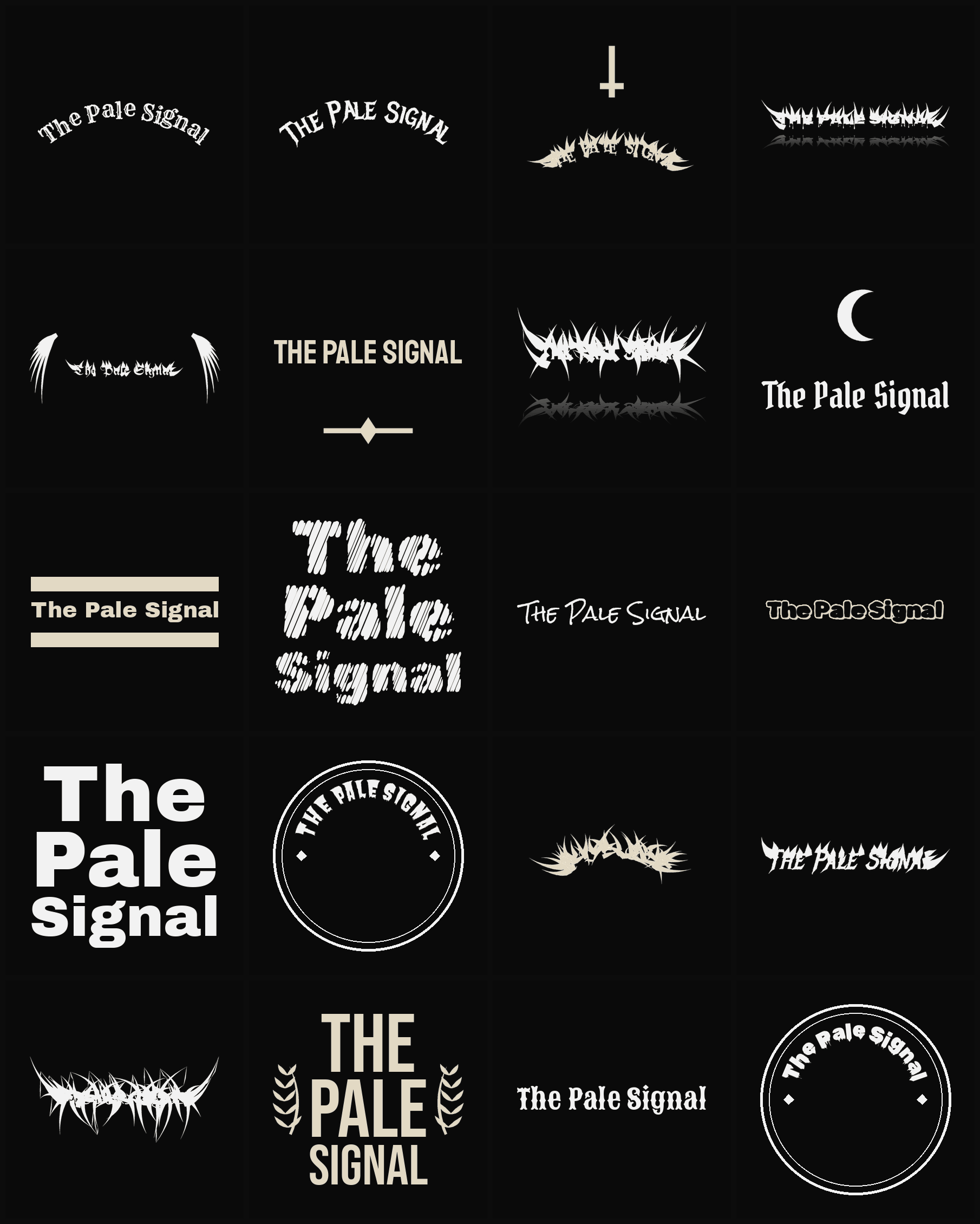 Twenty The Pale Signal band logo ideas — different faces, treatments and spike settings