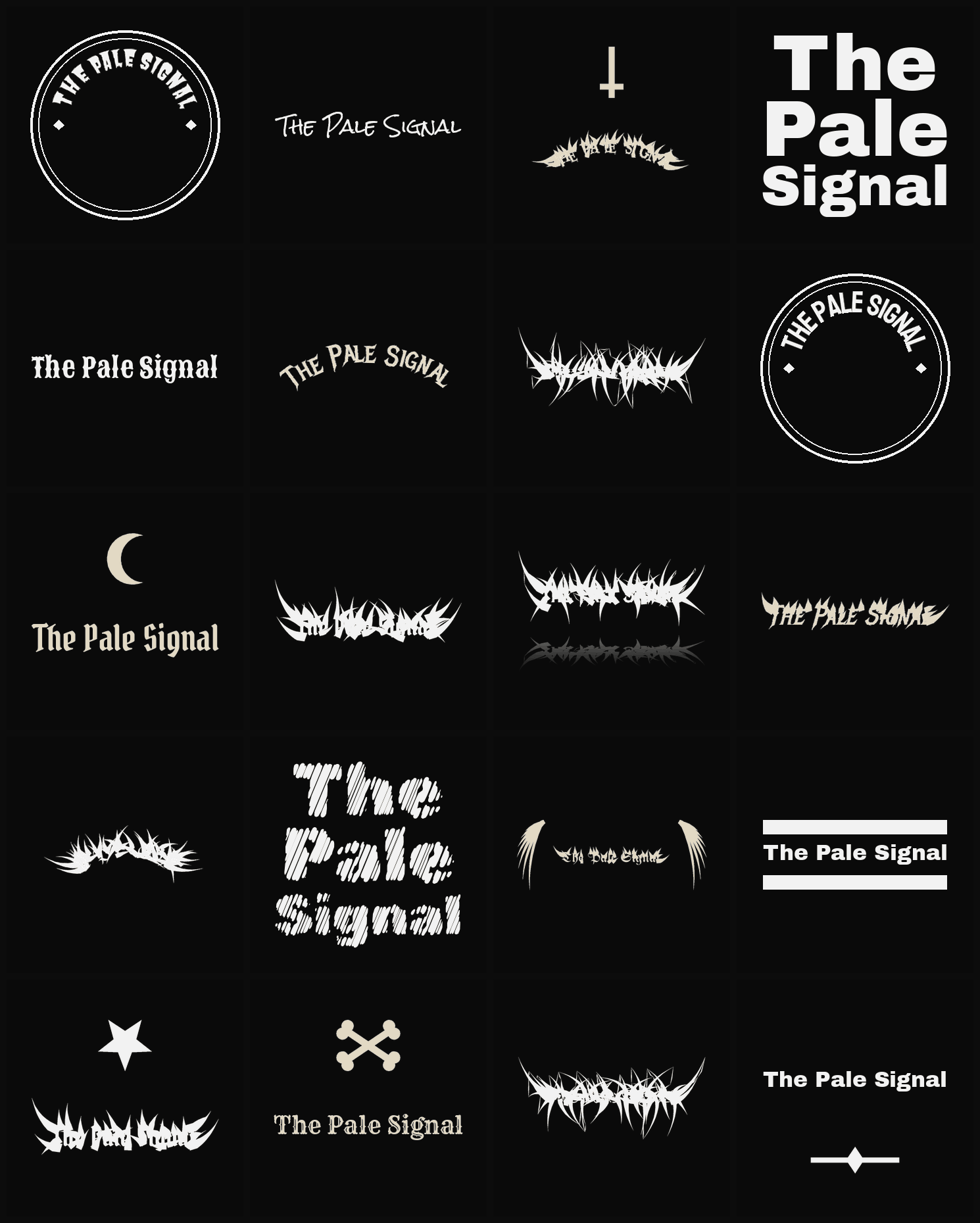 Twenty The Pale Signal band logo ideas — different faces, treatments and spike settings