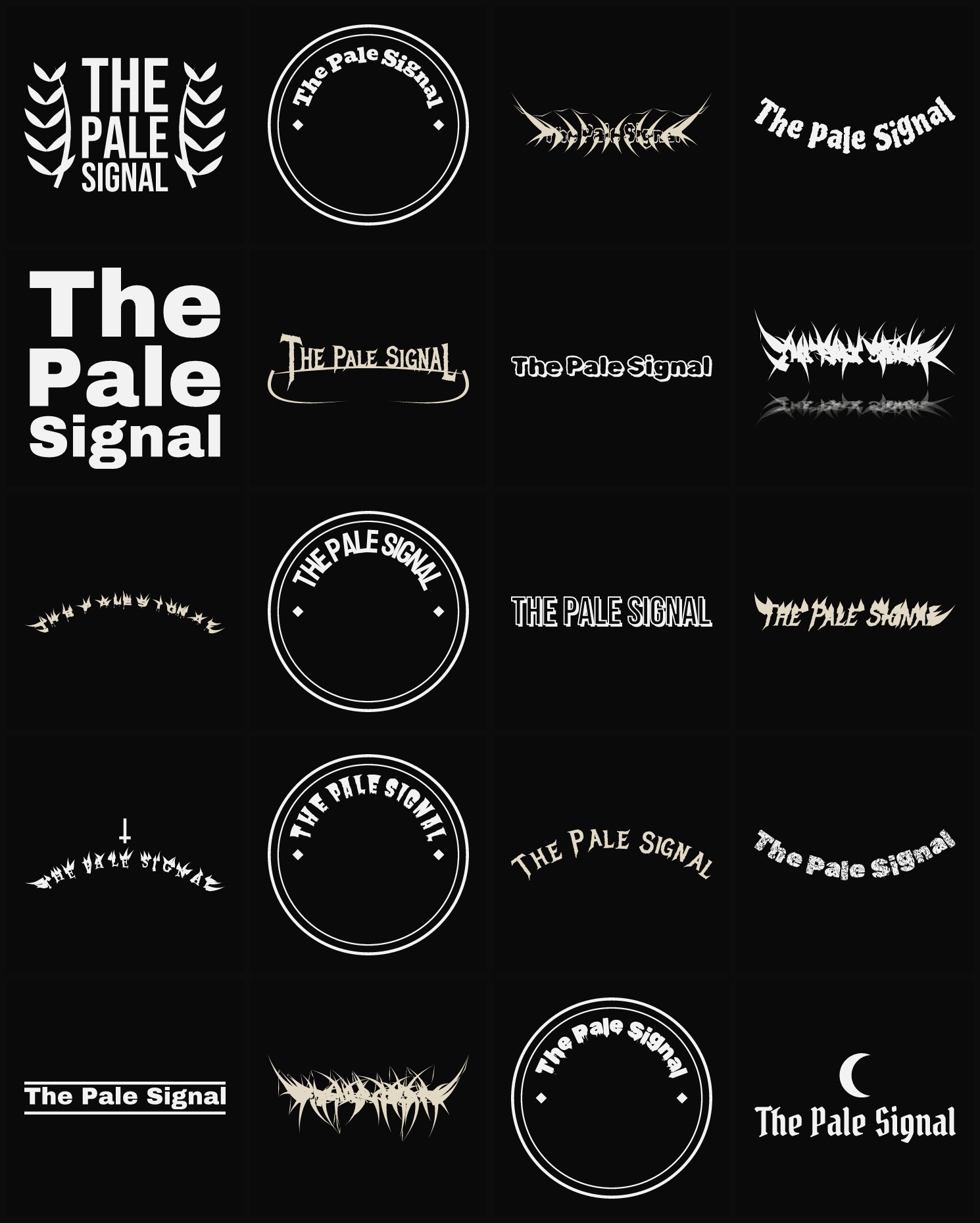 Twenty The Pale Signal band logo ideas — different faces, treatments and spike settings