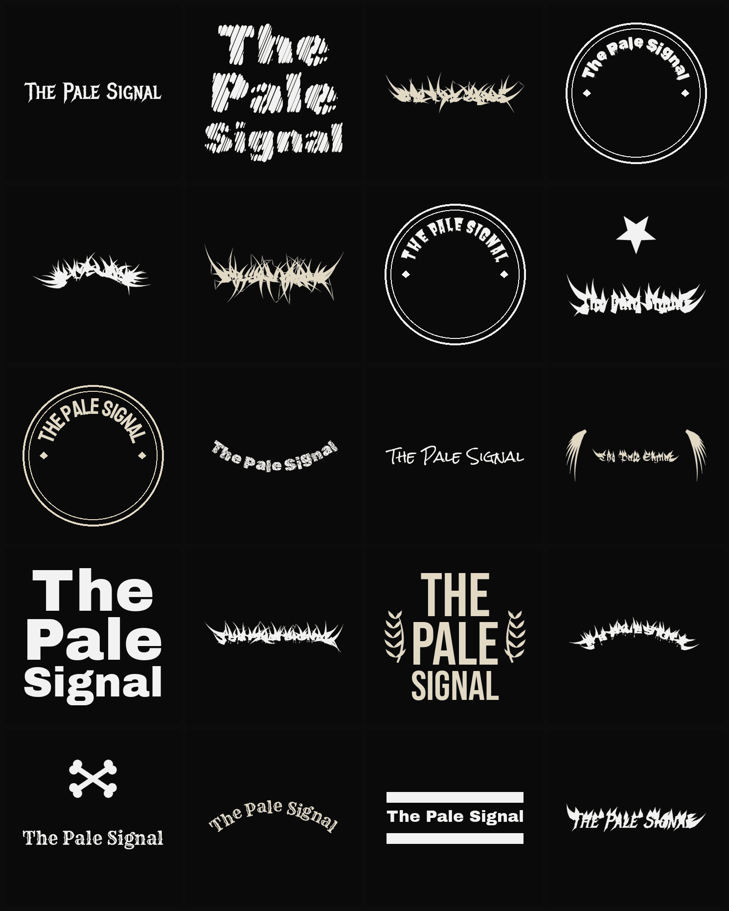 Twenty The Pale Signal band logo ideas — different faces, treatments and spike settings
