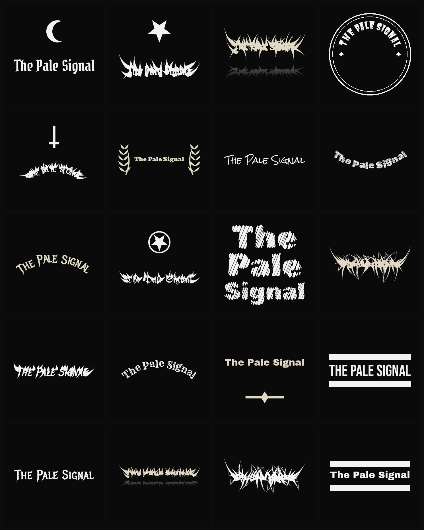 Twenty The Pale Signal band logo ideas — different faces, treatments and spike settings