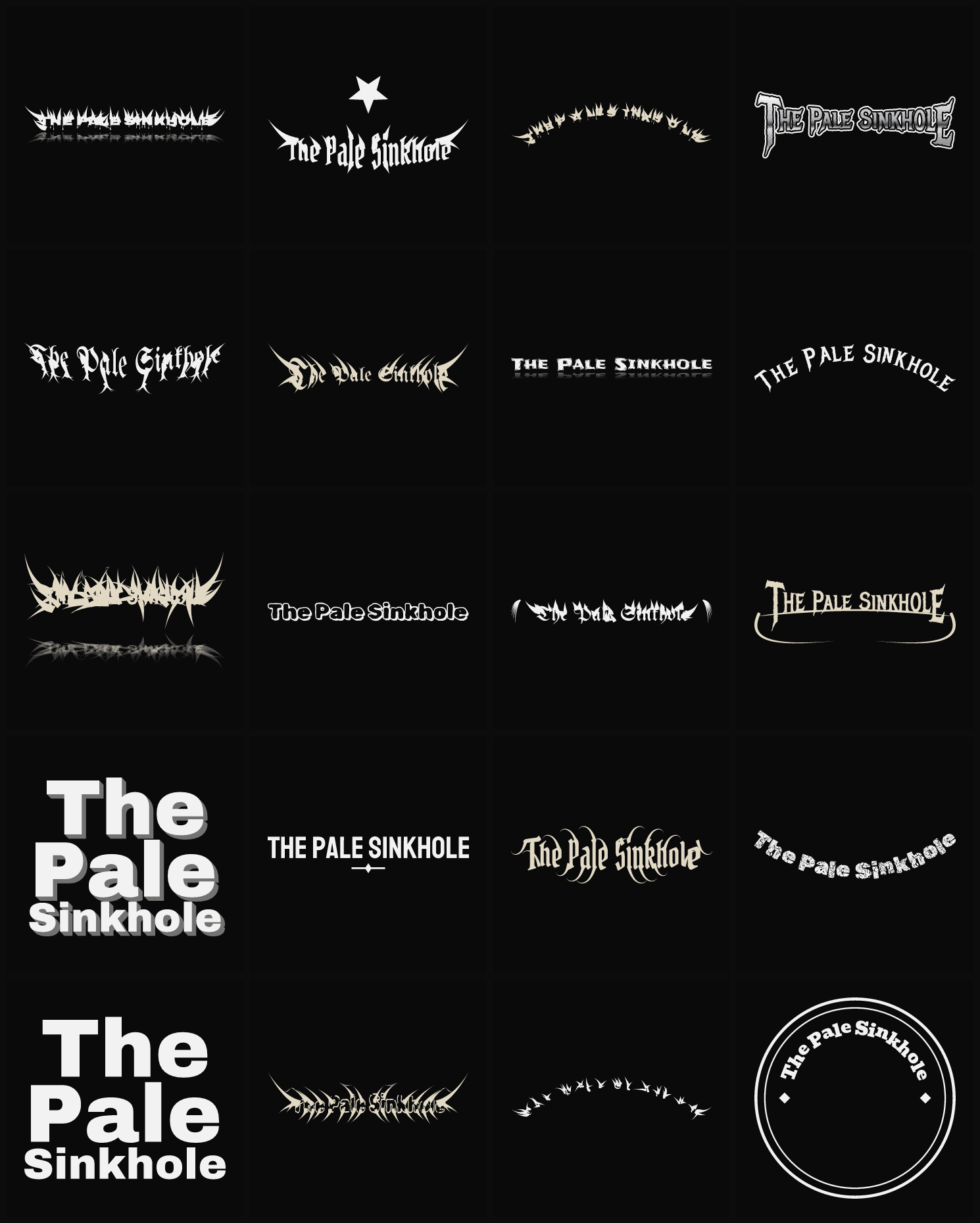 Twenty The Pale Sinkhole band logo ideas — different faces, treatments and spike settings