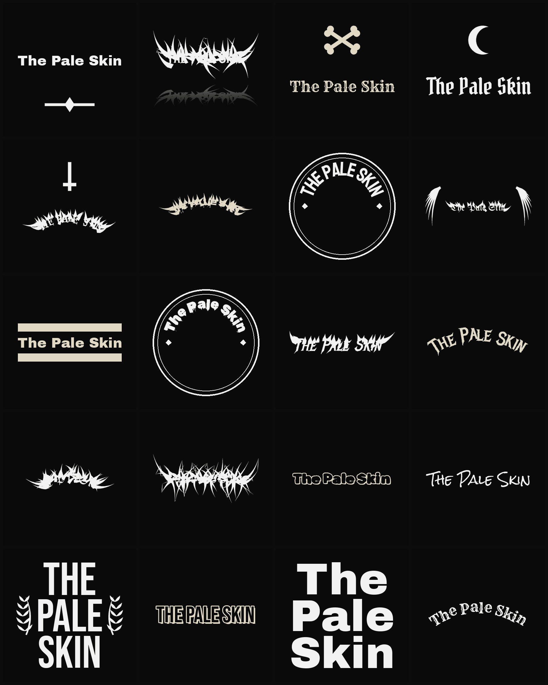Twenty The Pale Skin band logo ideas — different faces, treatments and spike settings