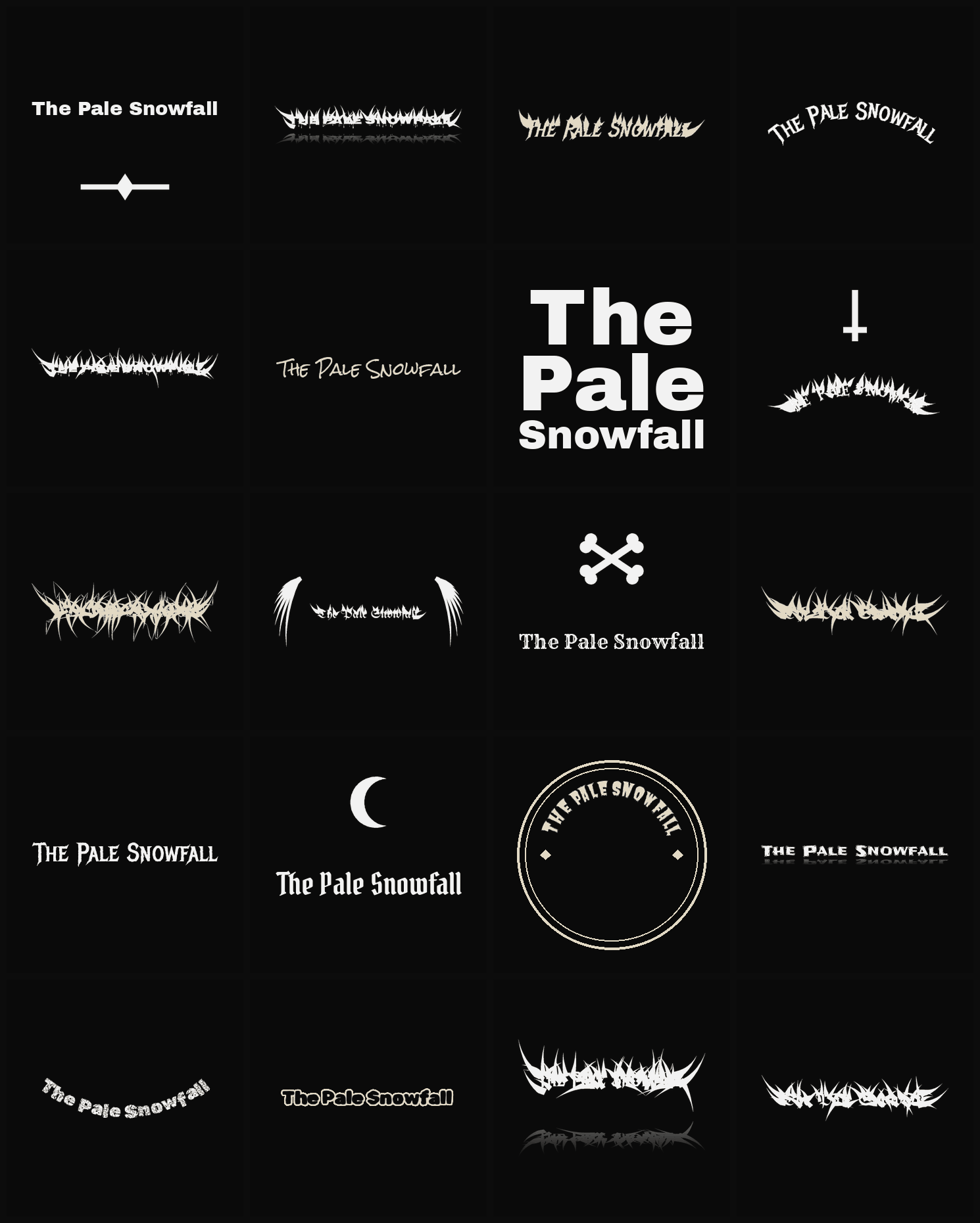 Twenty The Pale Snowfall band logo ideas — different faces, treatments and spike settings