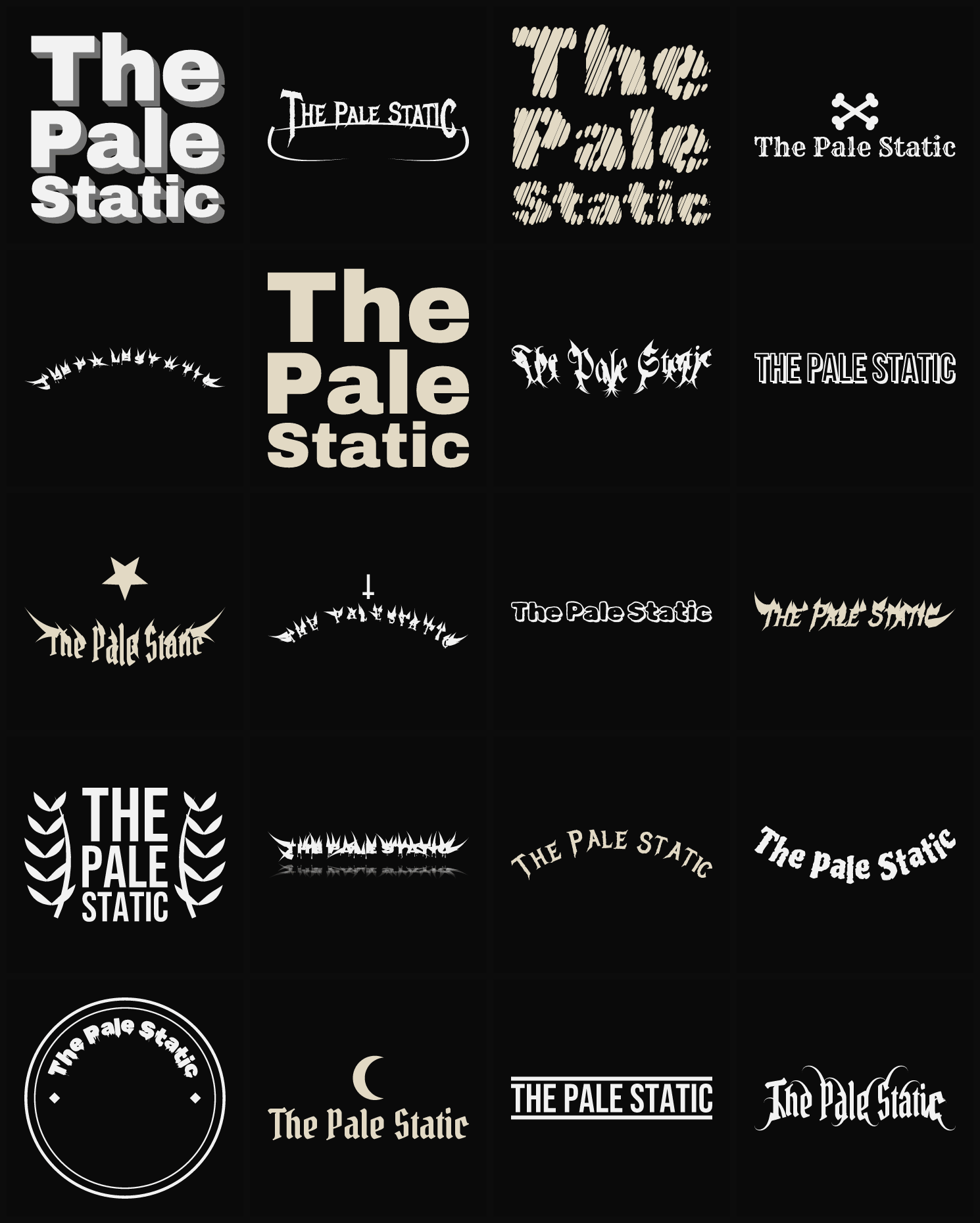 Twenty The Pale Static band logo ideas — different faces, treatments and spike settings